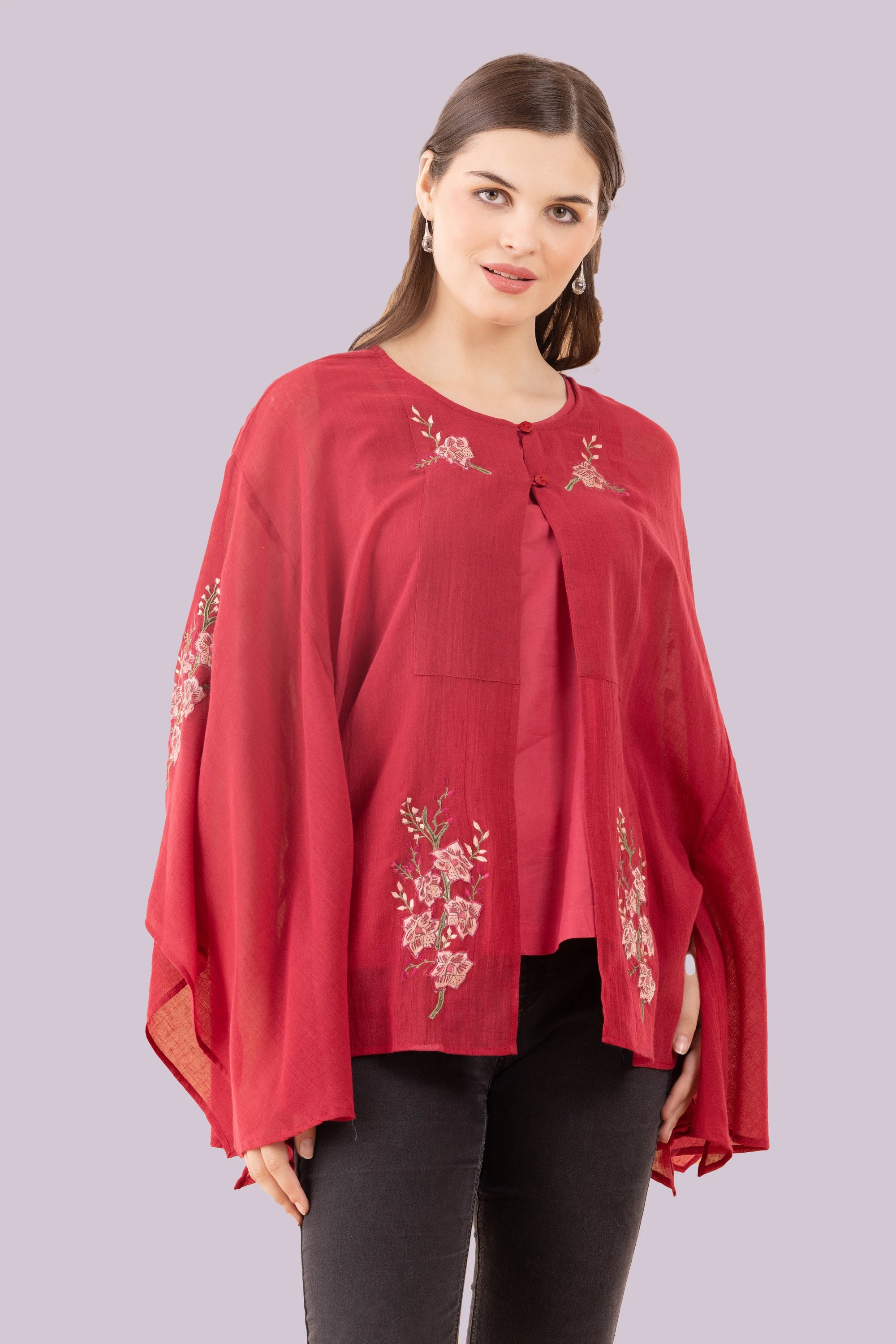 Orchid, Red Kimino Style Top Embroidered With Camisole