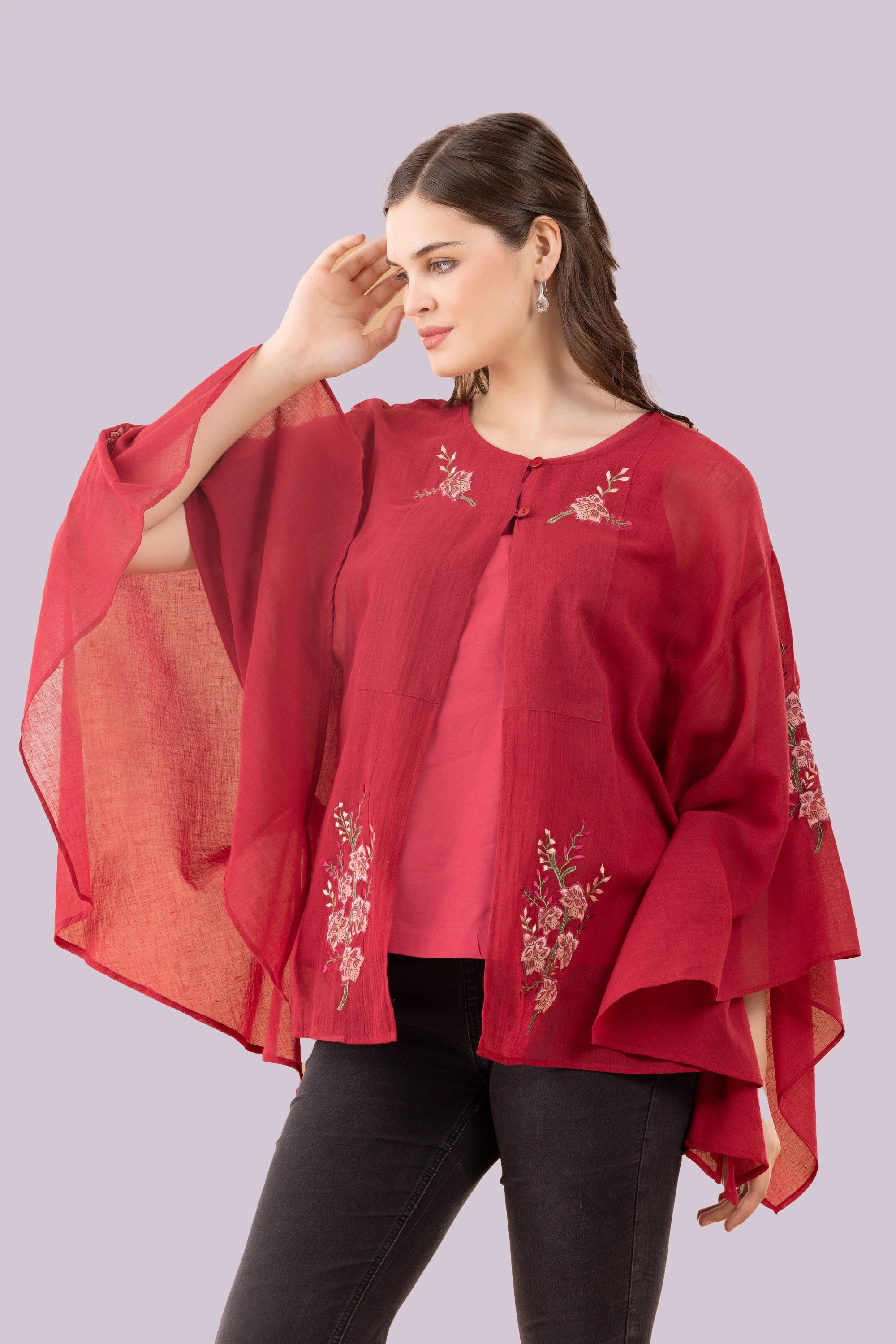 Orchid, Red Kimino Style Top Embroidered With Camisole