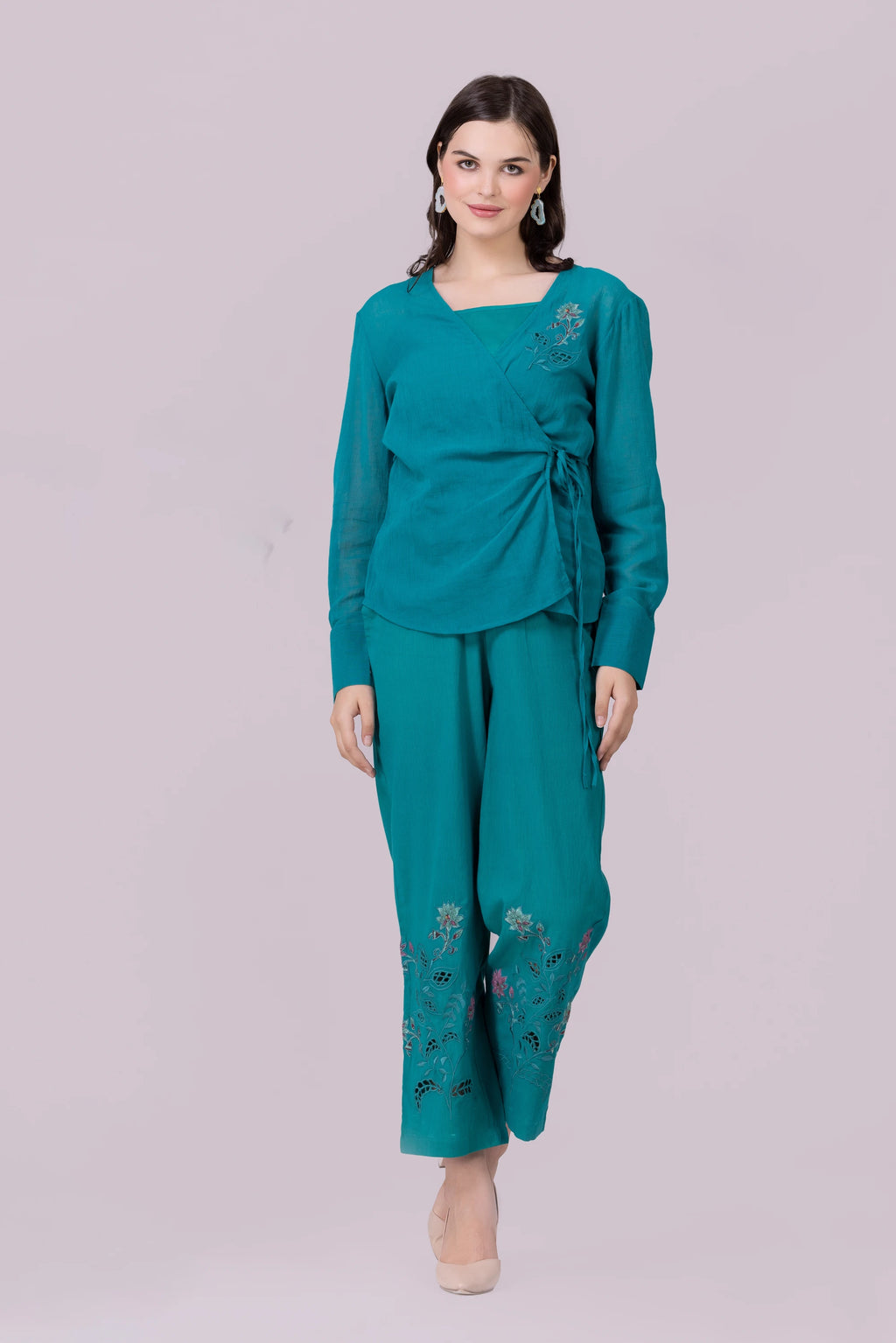 Lotus Pond Teal Print & Hand Cut Embroidered Tie Top With Camisole And Pant Co-Ord Set
