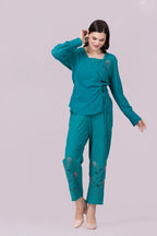 Lotus Pond Teal Print & Hand Cut Embroidered Tie Top With Camisole And Pant Co-Ord Set