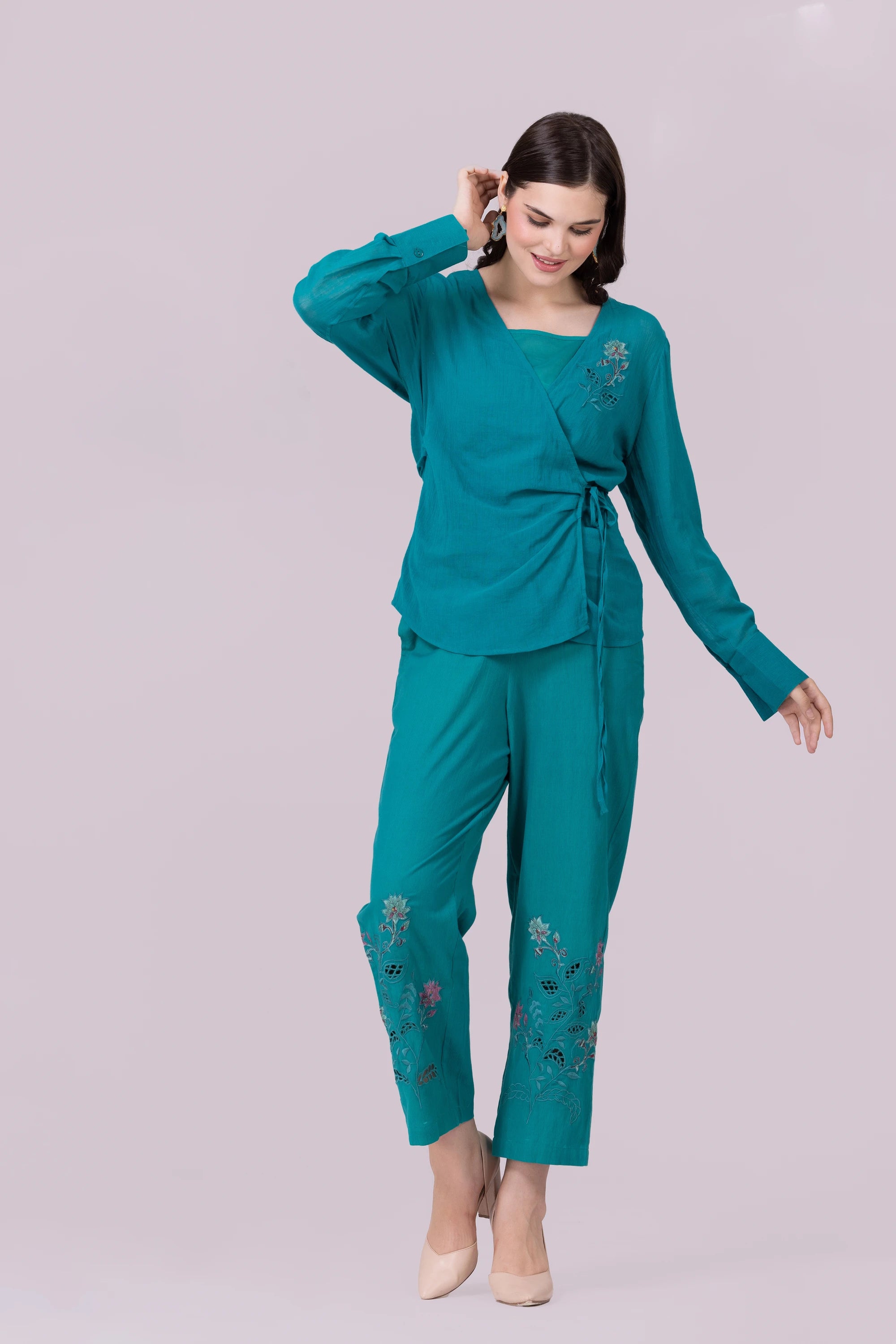 Lotus Pond Teal Print & Hand Cut Embroidered Tie Top With Camisole And Pant Co-Ord Set