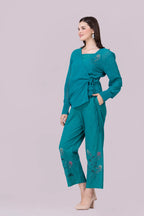 Lotus Pond Teal Print & Hand Cut Embroidered Tie Top With Camisole And Pant Co-Ord Set
