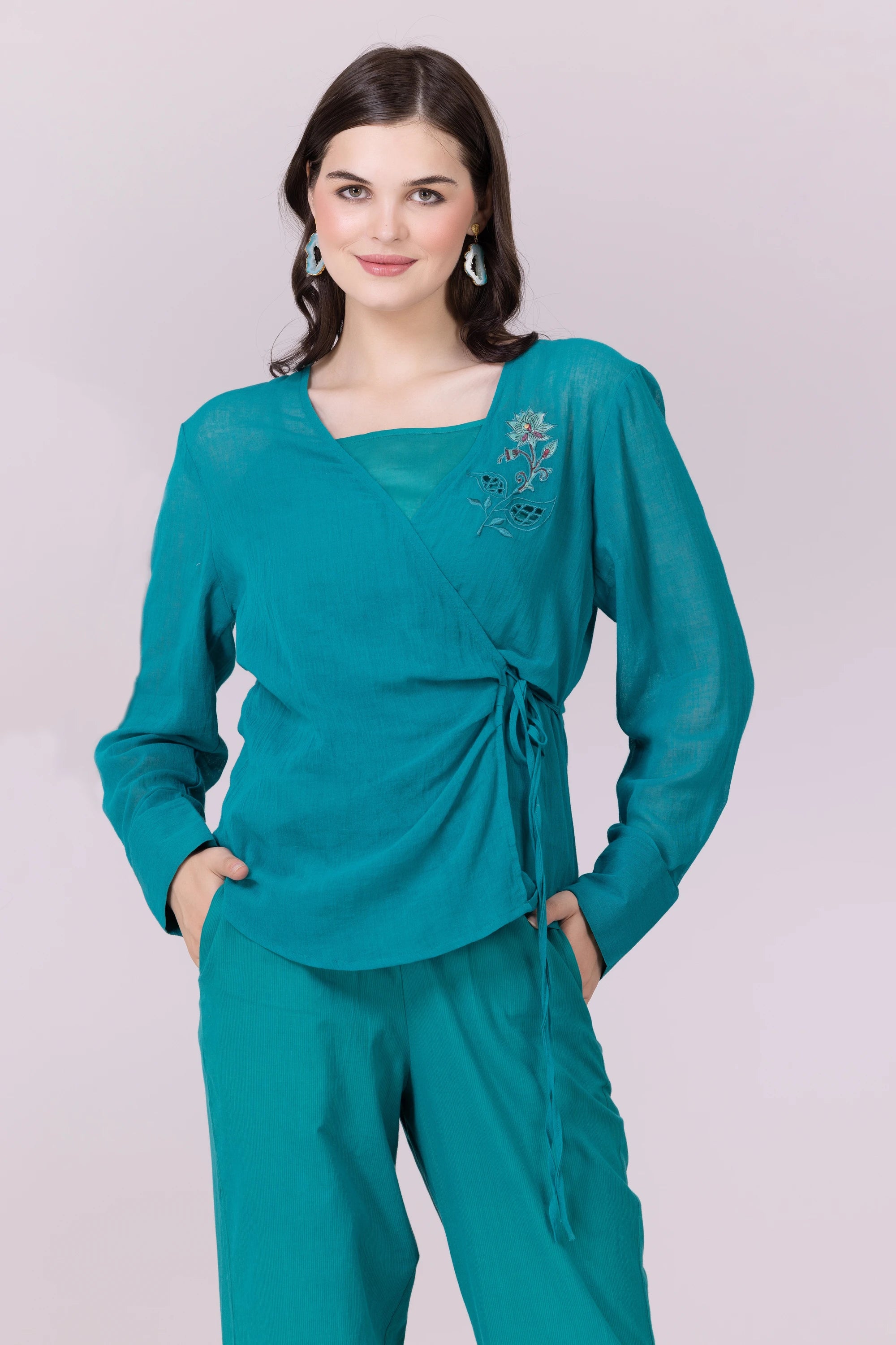 Lotus Pond Teal Print & Hand Cut Embroidered Tie Top With Camisole And Pant Co-Ord Set