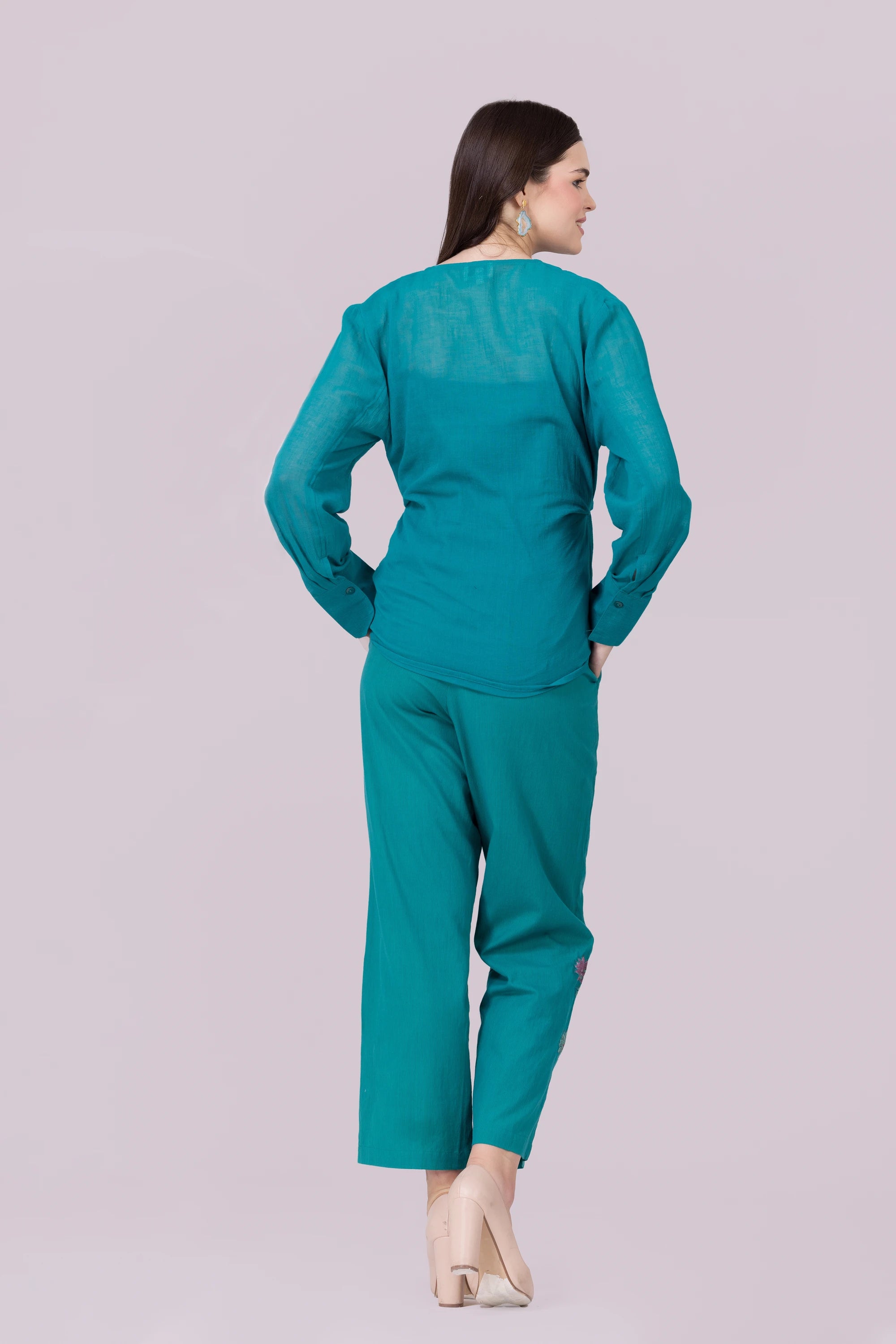 Lotus Pond Teal Print & Hand Cut Embroidered Tie Top With Camisole And Pant Co-Ord Set