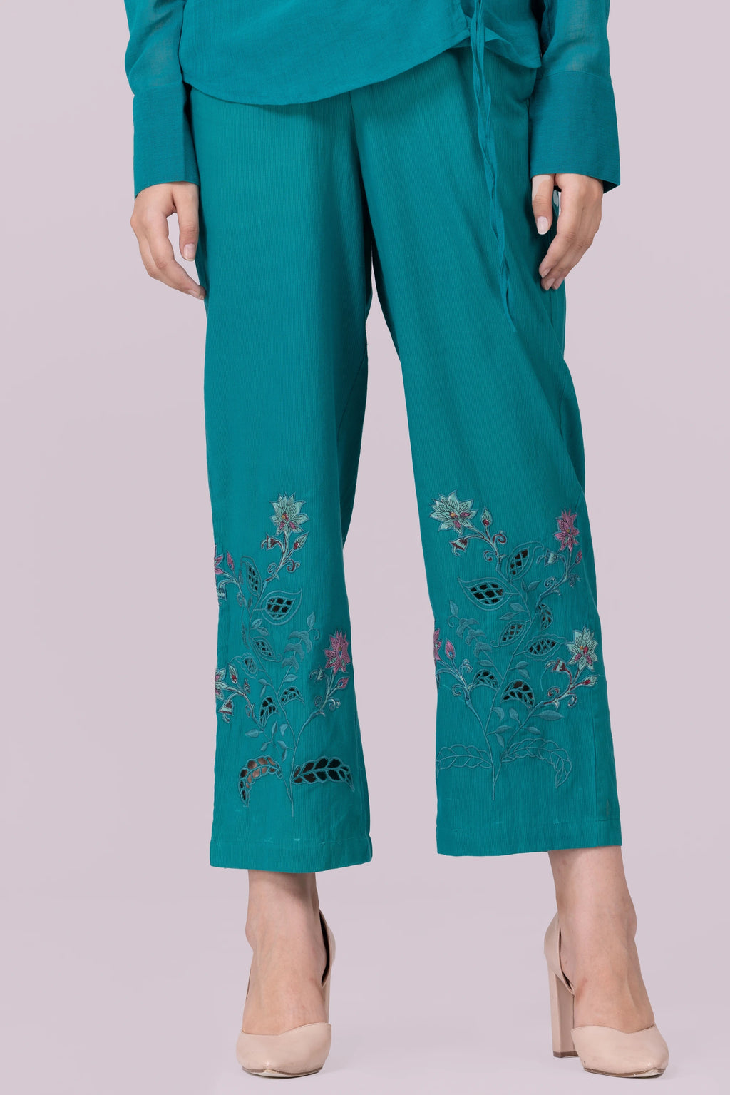 Lotus Pond Teal Print & Hand Cut Embroidered Tie Top With Camisole And Pant Co-Ord Set