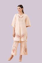 Peach Orchid Print & Hand Cut Embroidered Tunic And Slit Pant Co-Ord  Set
