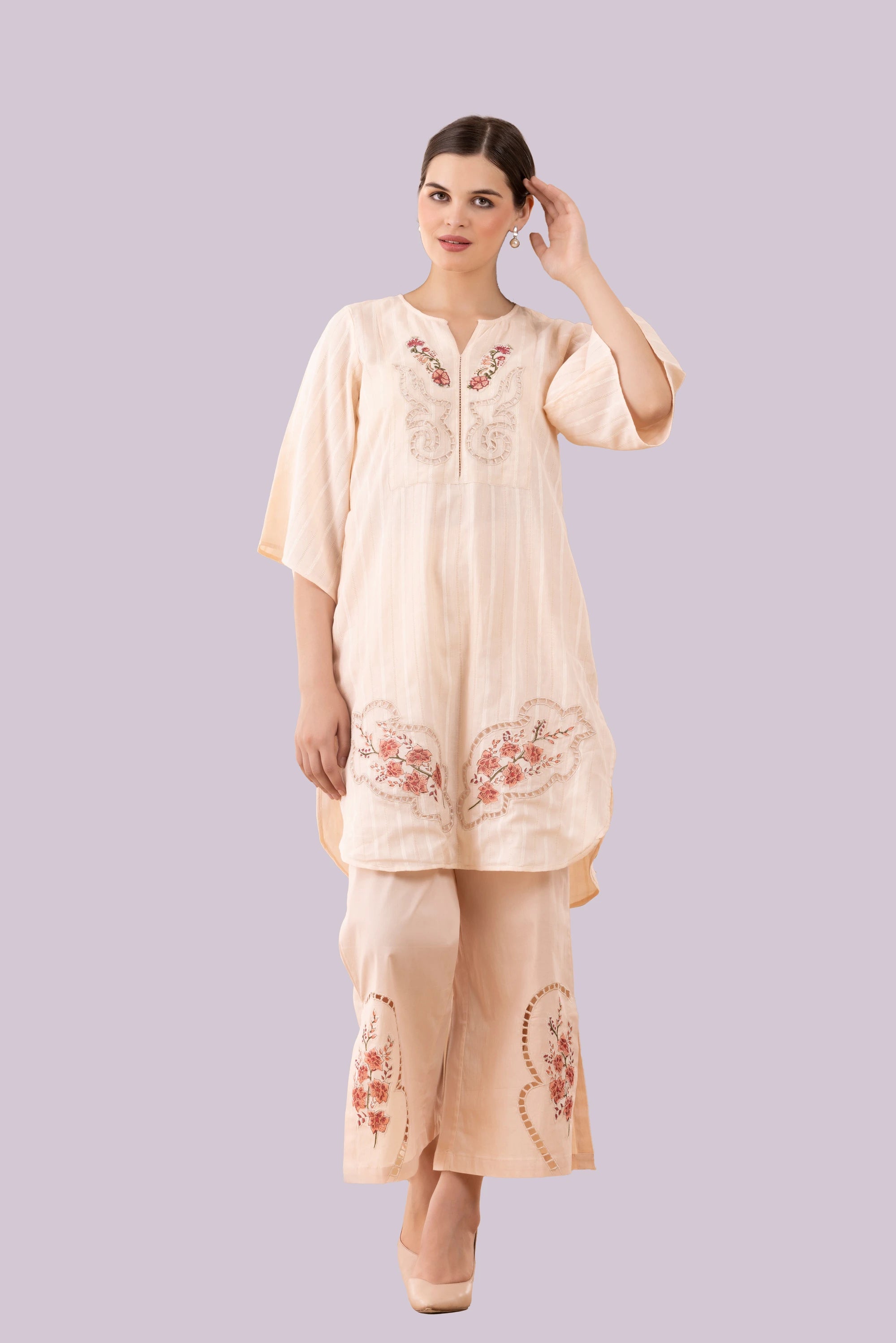 Pastel Mint Green Butterfly Print & Cutwork Embroidered Top And Pant Co-Ord Set