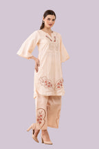 Peach Orchid Print & Hand Cut Embroidered Tunic And Slit Pant Co-Ord  Set