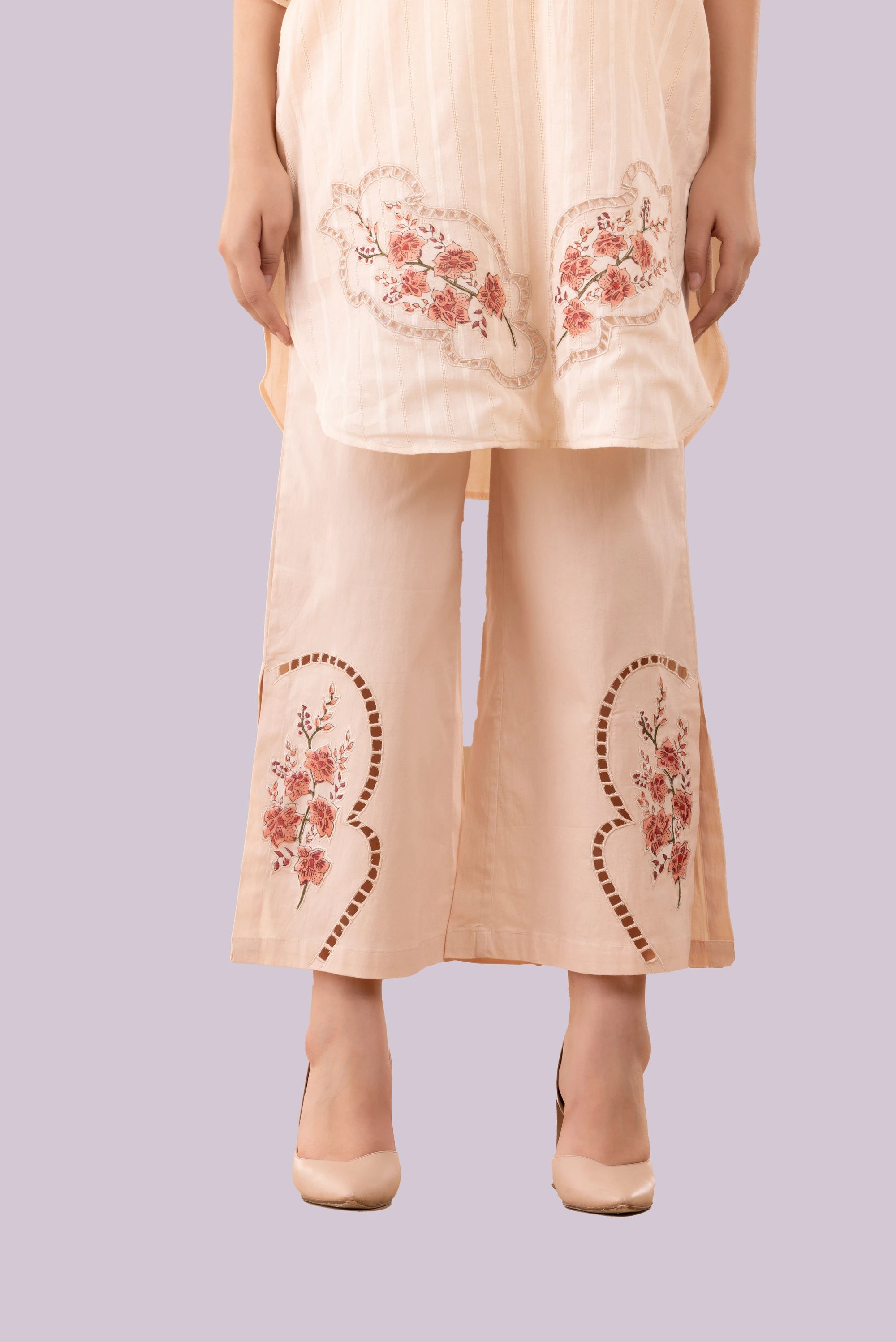Pastel Mint Green Butterfly Print & Cutwork Embroidered Top And Pant Co-Ord Set