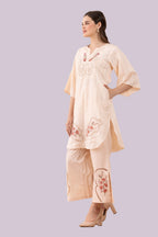 Peach Orchid Print & Hand Cut Embroidered Tunic And Slit Pant Co-Ord  Set