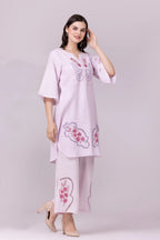 Lilac Orchid Print & Hand Cut Embroidered Tunic And Slit Pant Co-Ord  Set