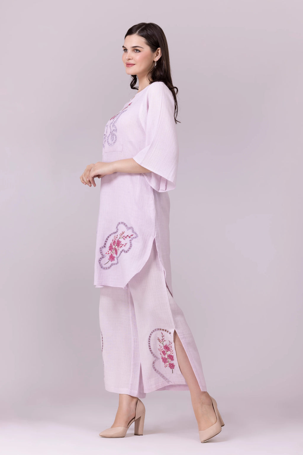 Lilac Orchid Print & Hand Cut Embroidered Tunic And Slit Pant Co-Ord  Set