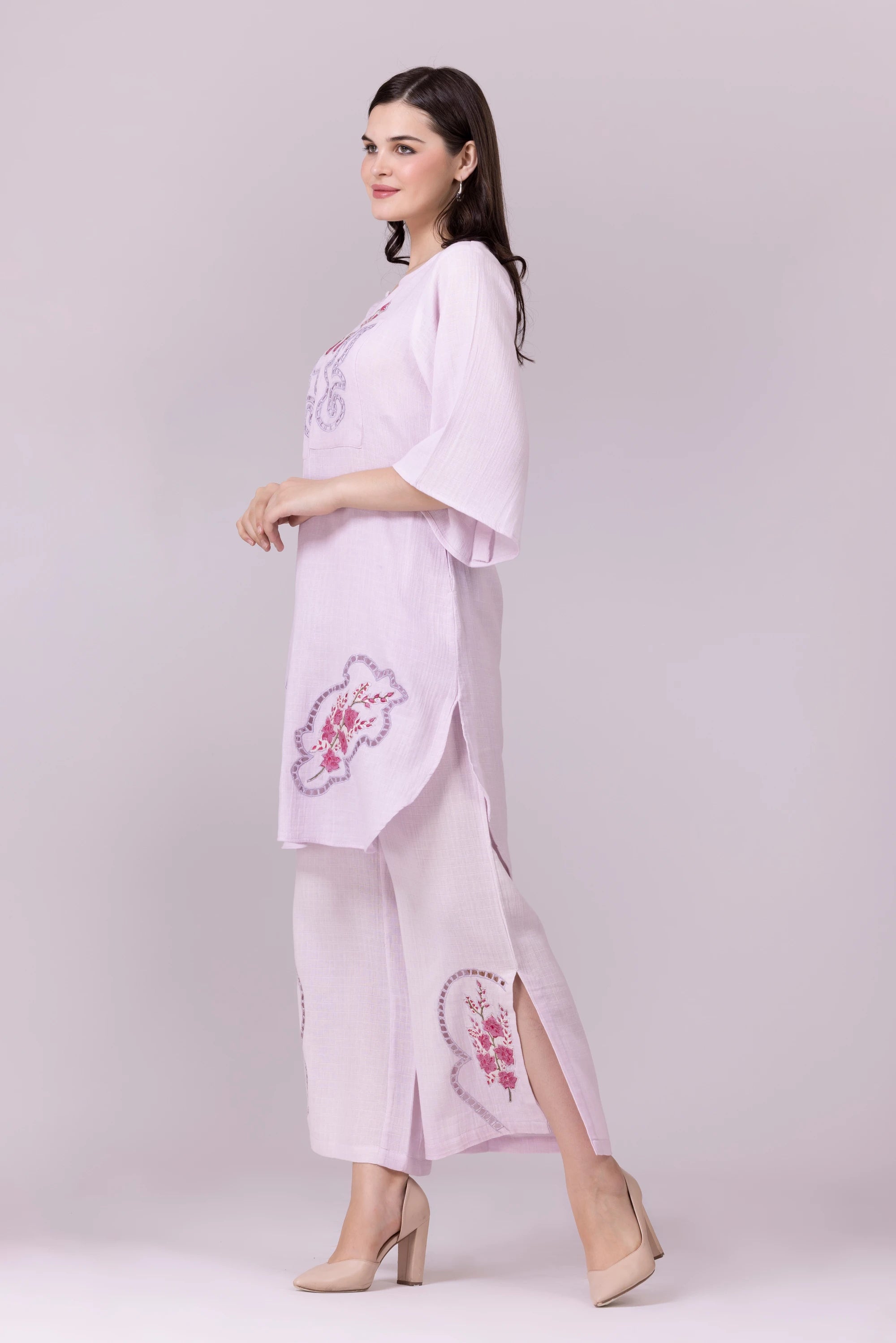 Lilac Orchid Print & Hand Cut Embroidered Tunic And Slit Pant Co-Ord  Set