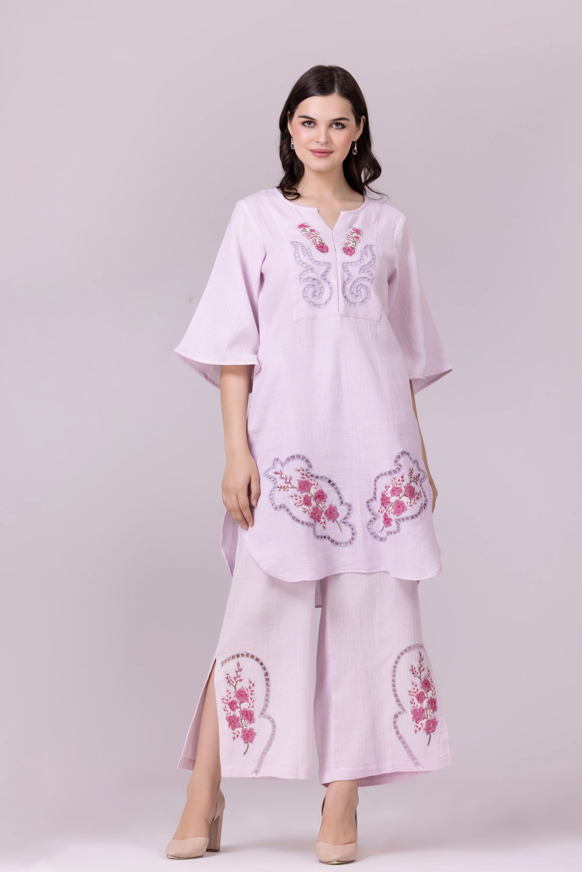 Lilac Orchid Print & Hand Cut Embroidered Tunic And Slit Pant Co-Ord  Set