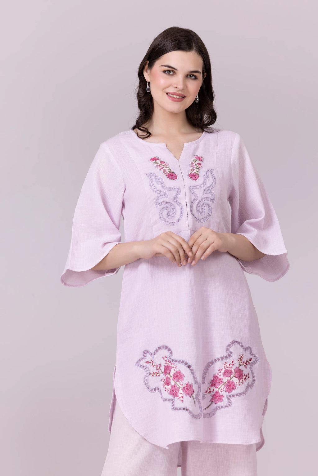 Lilac Orchid Print & Hand Cut Embroidered Tunic And Slit Pant Co-Ord  Set
