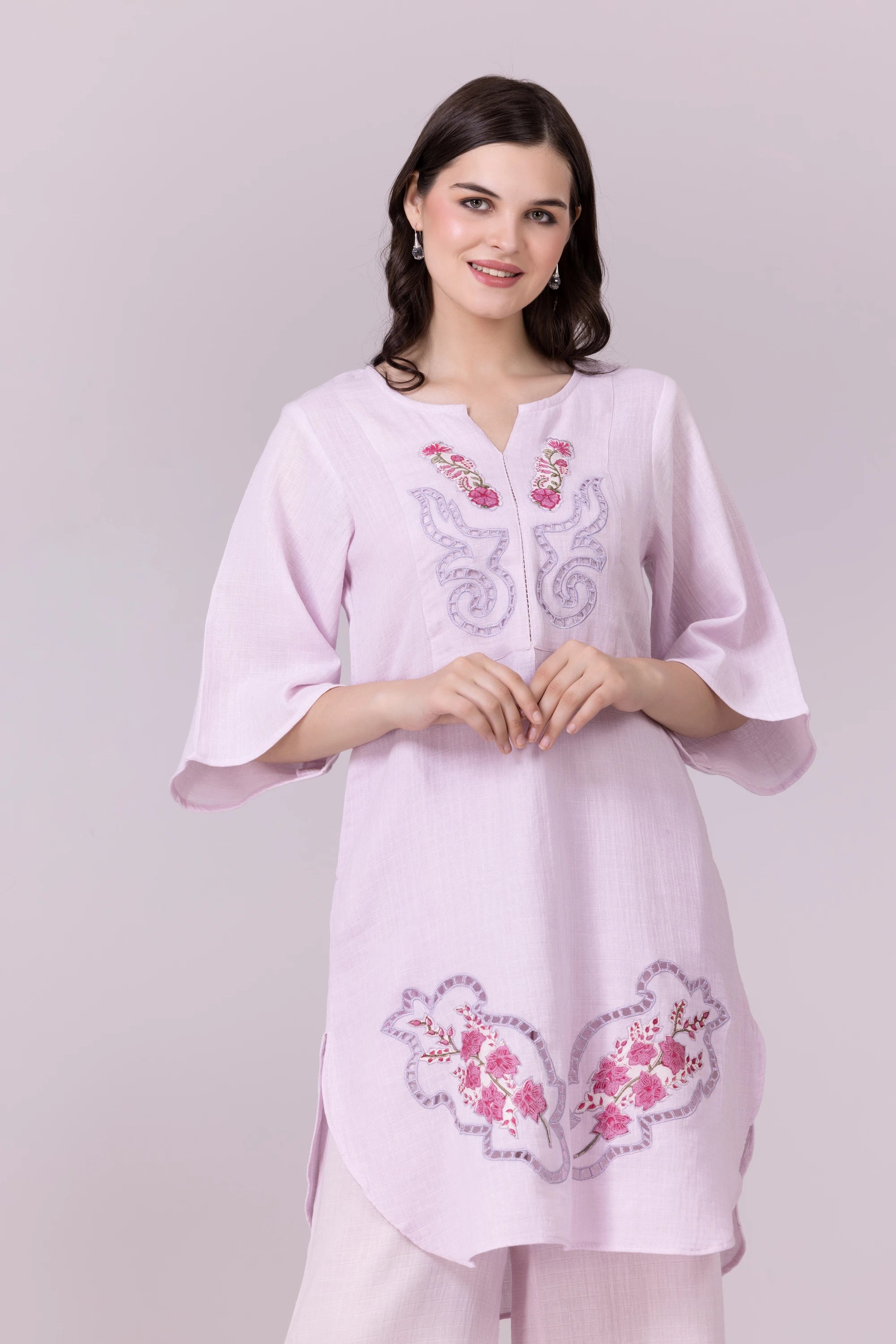 Lilac Orchid Print & Hand Cut Embroidered Tunic And Slit Pant Co-Ord  Set