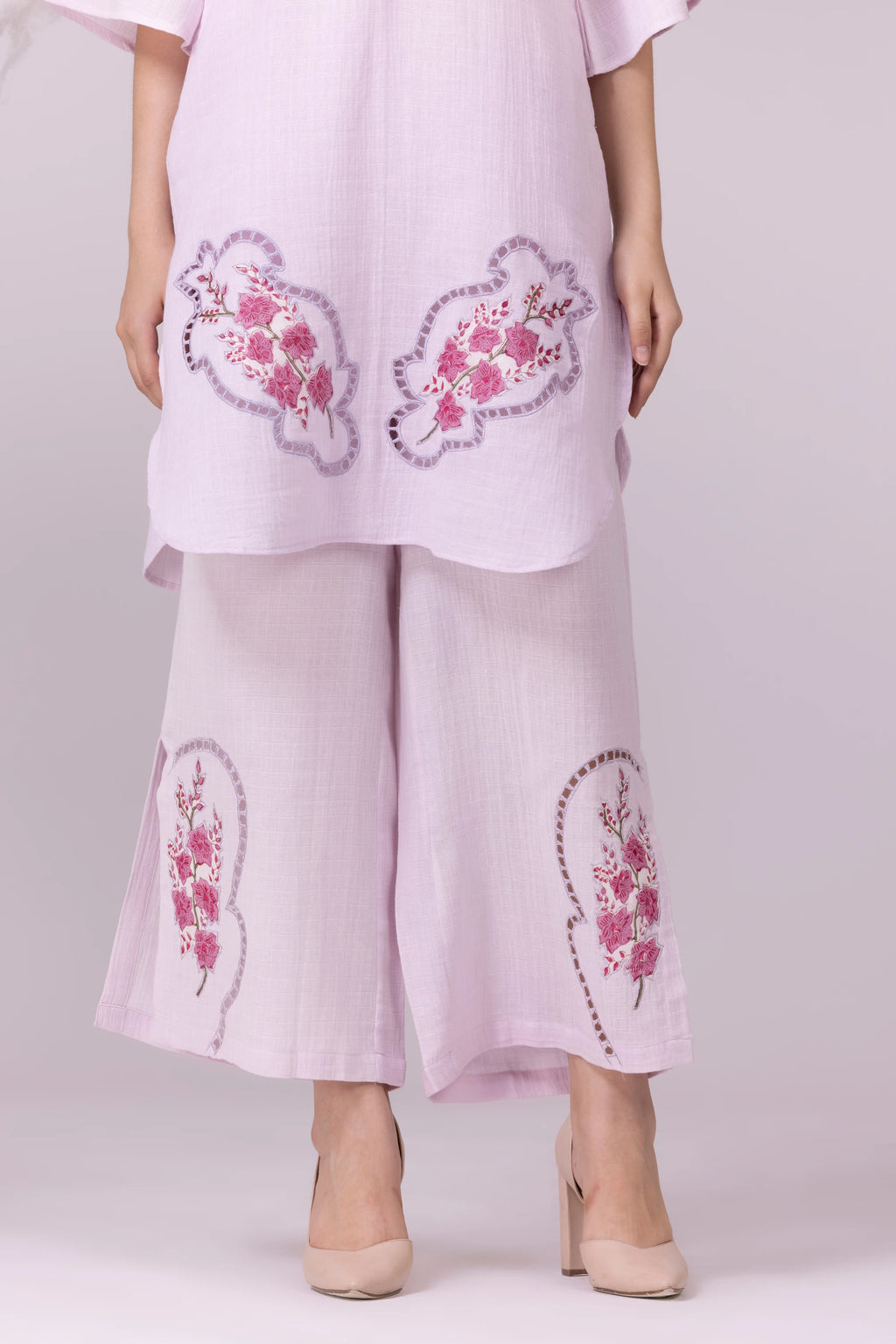 Lilac Orchid Print & Hand Cut Embroidered Tunic And Slit Pant Co-Ord  Set
