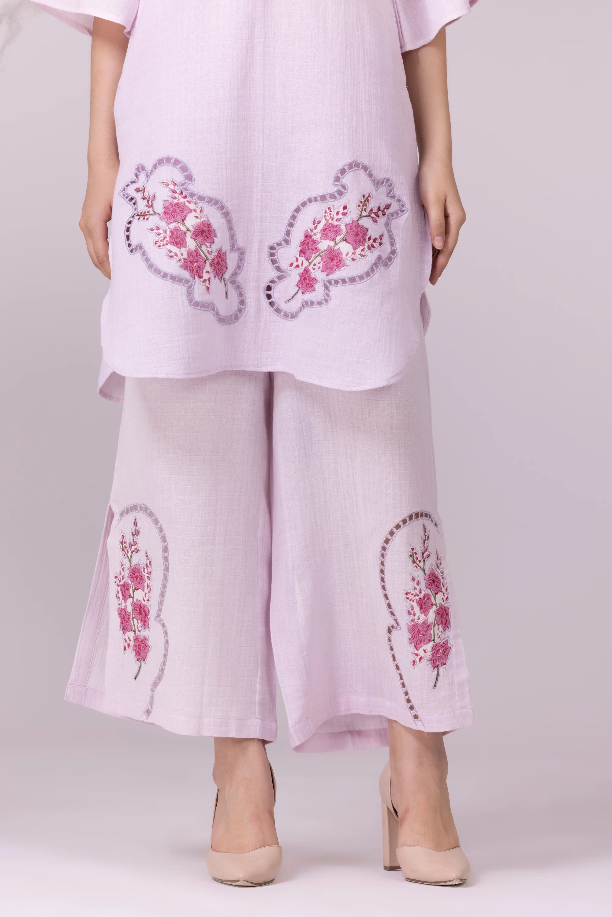 Lilac Orchid Print & Hand Cut Embroidered Tunic And Slit Pant Co-Ord  Set