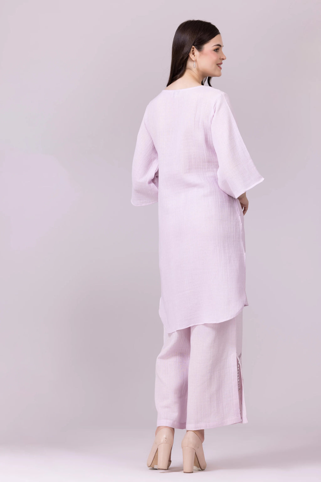 Lilac Orchid Print & Hand Cut Embroidered Tunic And Slit Pant Co-Ord  Set