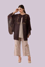 Brown Tulip Print & Cutwork Embroidered Long Kimono Tunic With Beige Top & Slit Pant Co-Ord Set