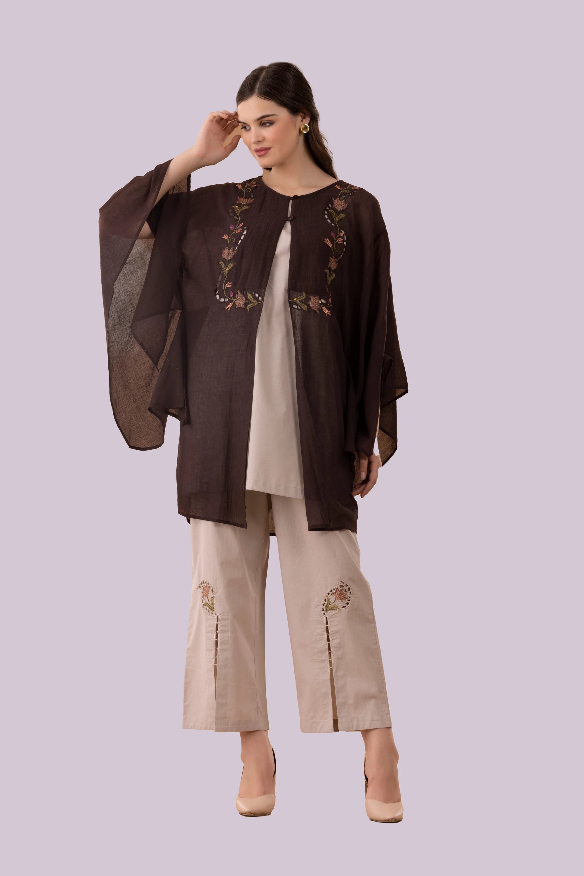 Brown Tulip Print & Cutwork Embroidered Long Kimono Tunic With Beige Top & Slit Pant Co-Ord Set