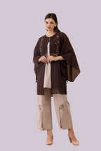 Brown Tulip Print & Cutwork Embroidered Long Kimono Tunic With Beige Top & Slit Pant Co-Ord Set