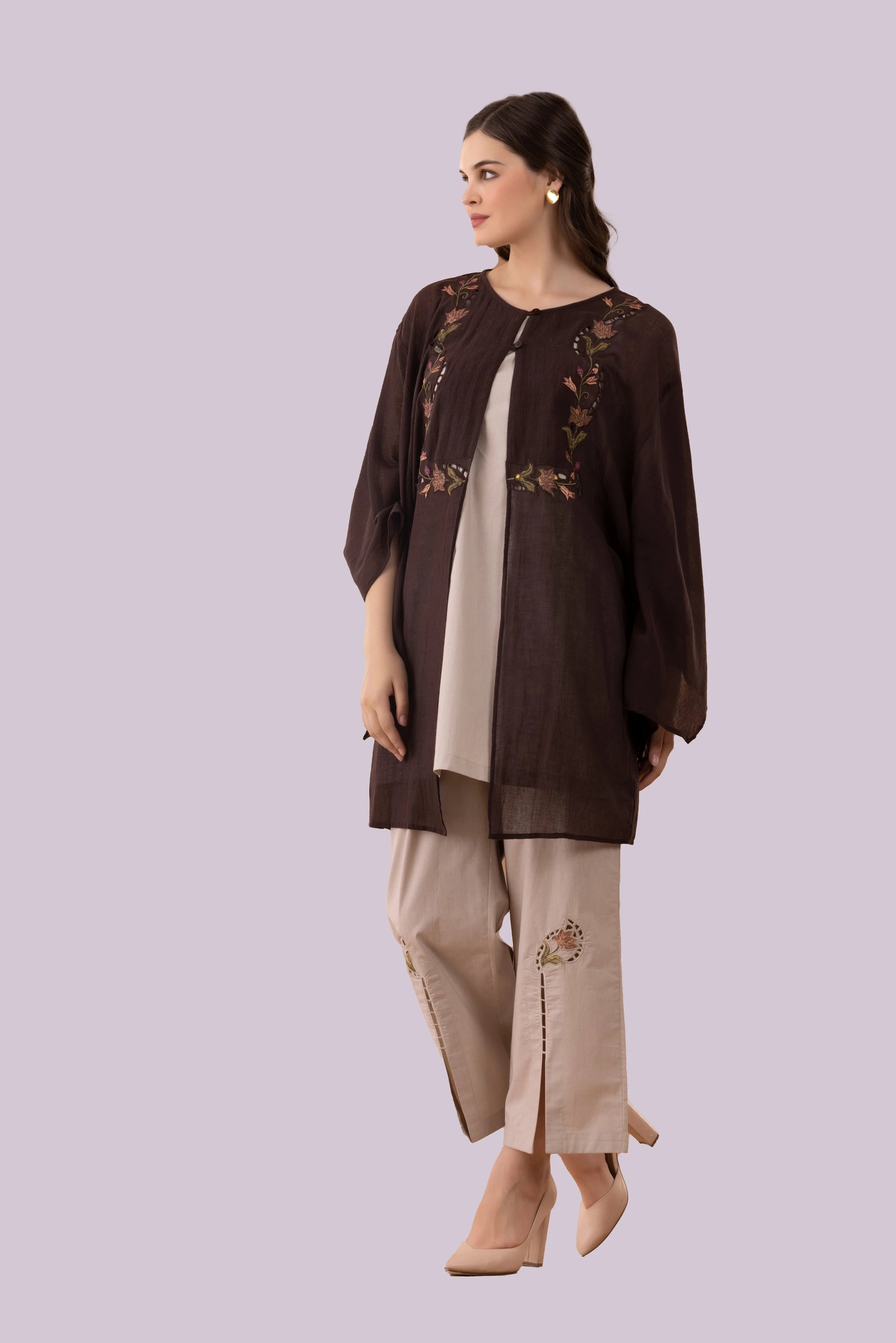 Brown Tulip Print & Cutwork Embroidered Long Kimono Tunic With Beige Top & Slit Pant Co-Ord Set