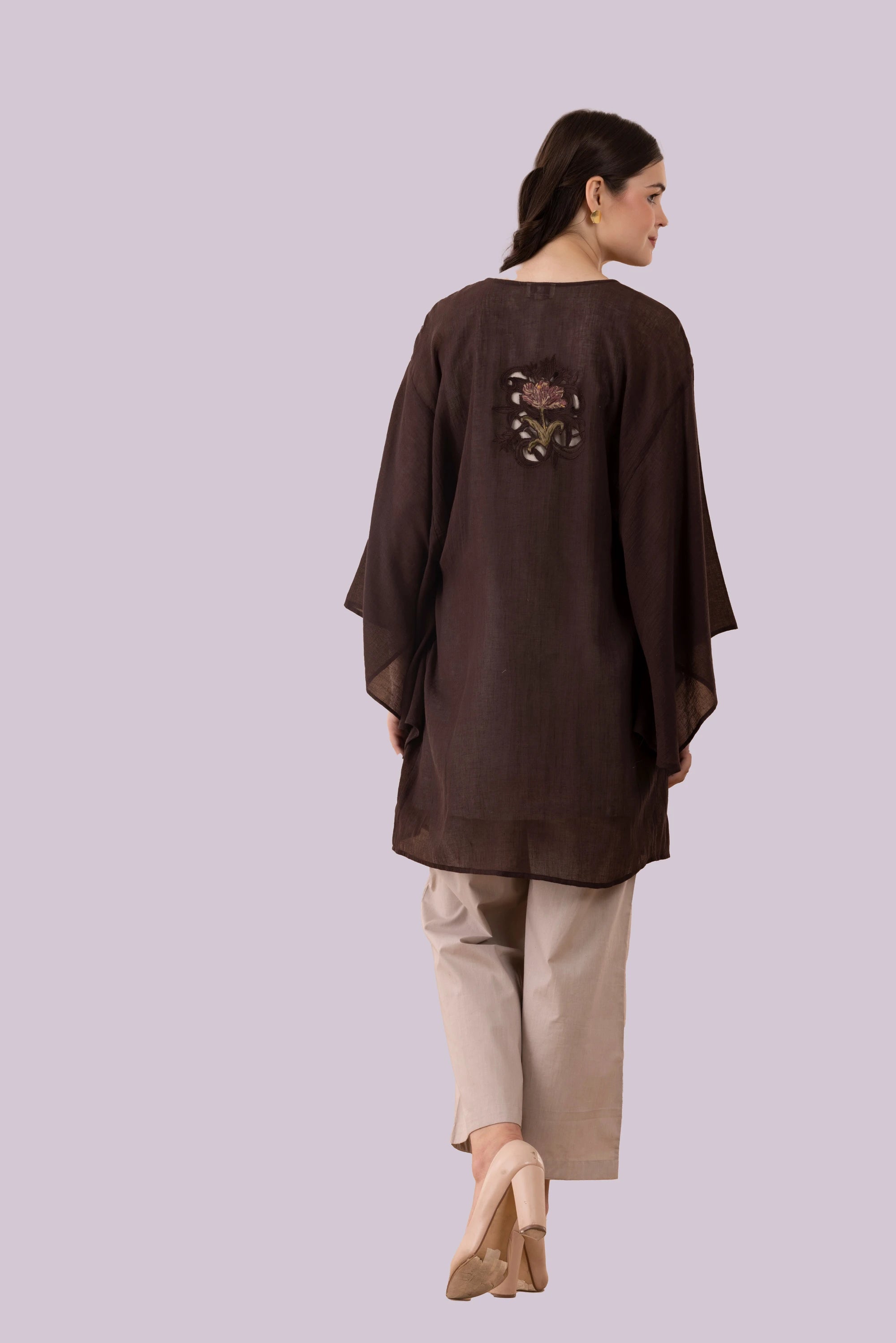 Brown Tulip Print & Cutwork Embroidered Long Kimono Tunic With Beige Top & Slit Pant Co-Ord Set