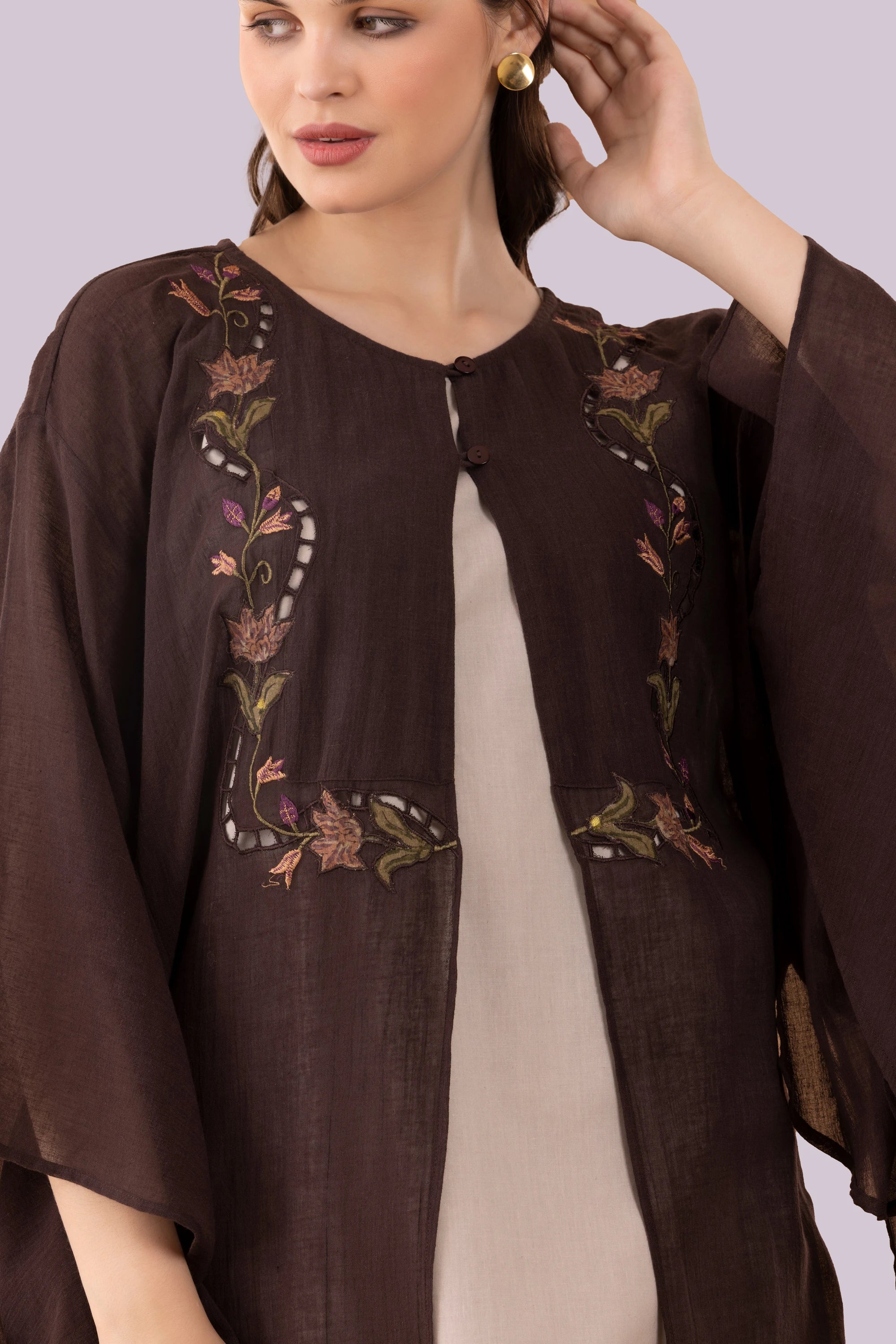 Brown Tulip Print & Cutwork Embroidered Long Kimono Tunic With Beige Top & Slit Pant Co-Ord Set