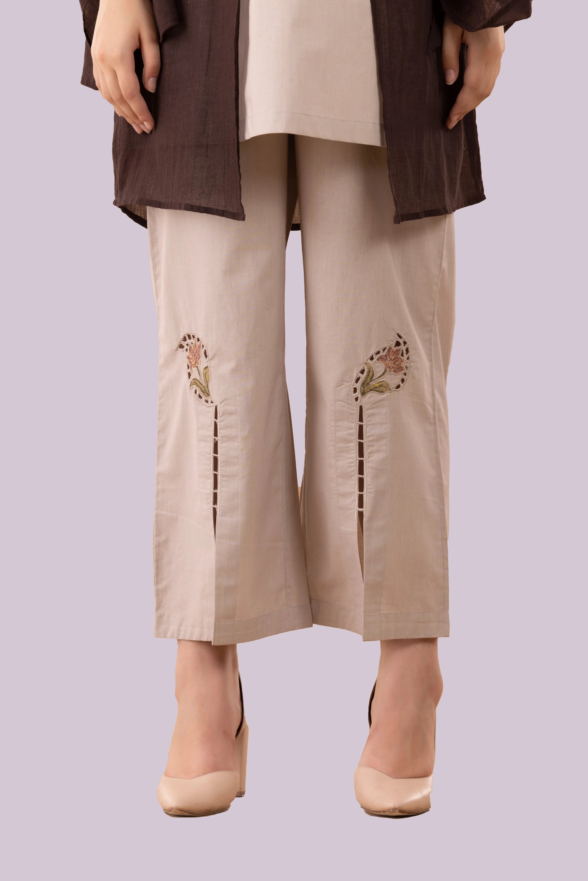 Brown Tulip Print & Cutwork Embroidered Long Kimono Tunic With Beige Top & Slit Pant Co-Ord Set