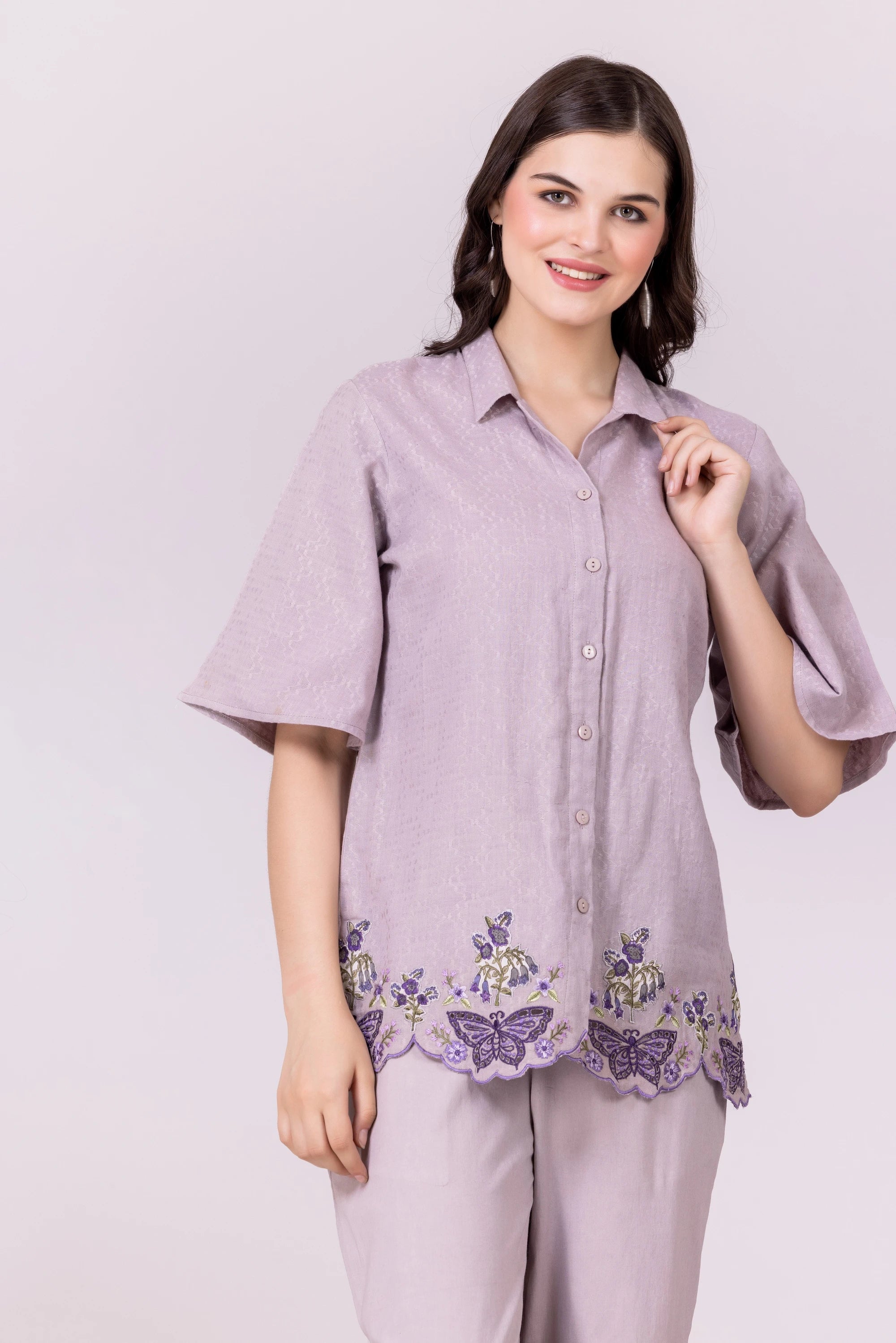 Lilac-Ash/Purple Butterfly Print & Cutwork Embroidered Top And Pant Co-Ord Set