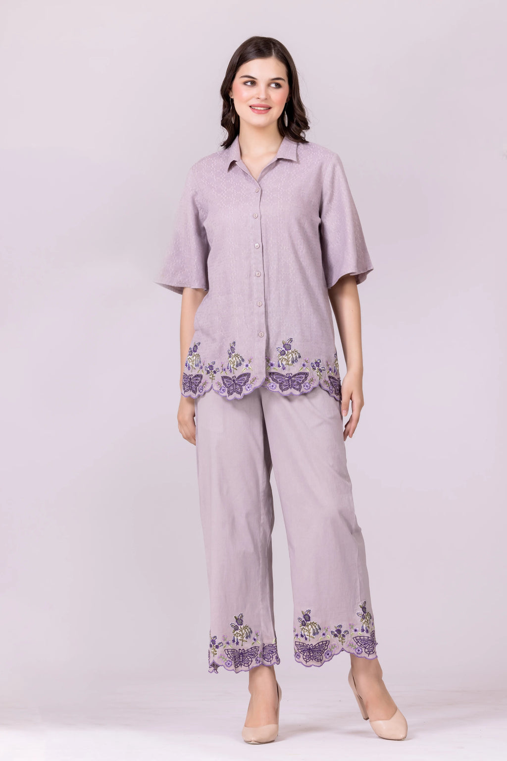 Lilac-Ash/Purple Butterfly Print & Cutwork Embroidered Top And Pant Co-Ord Set