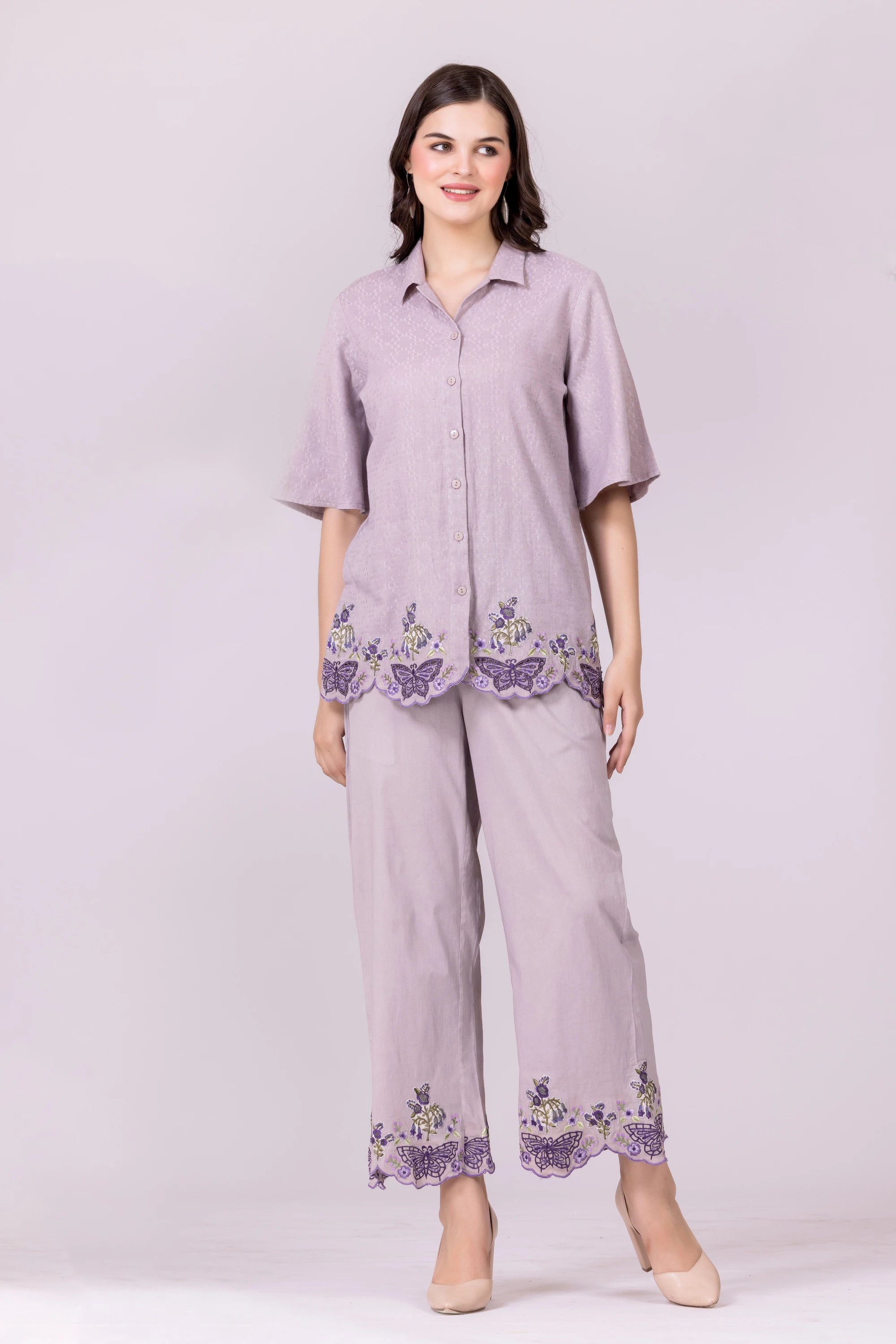 Lilac-Ash/Purple Butterfly Print & Cutwork Embroidered Top And Pant Co-Ord Set