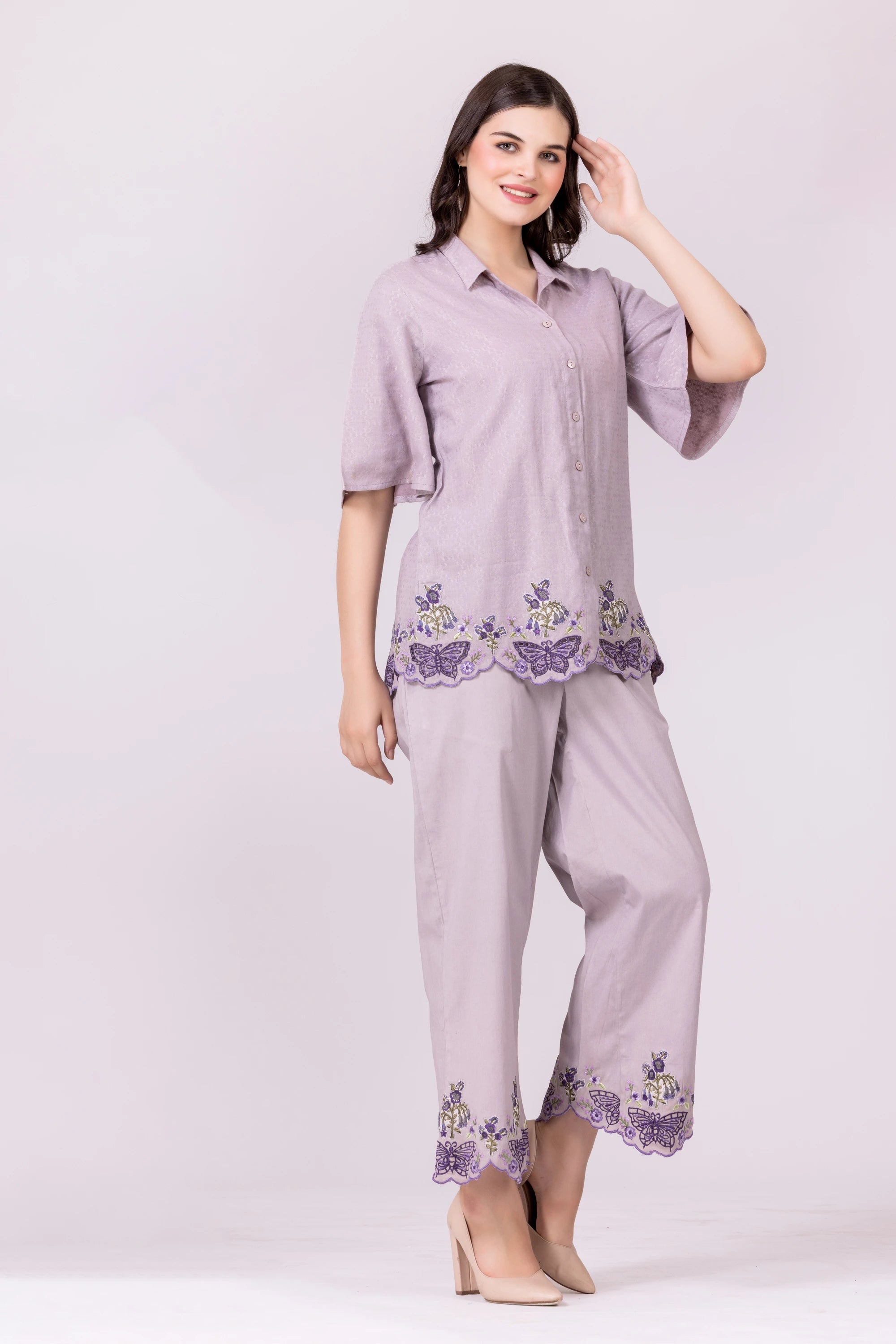 Lilac-Ash/Purple Butterfly Print & Cutwork Embroidered Top And Pant Co-Ord Set