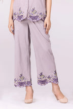 Lilac-Ash/Purple Butterfly Print & Cutwork Embroidered Top And Pant Co-Ord Set