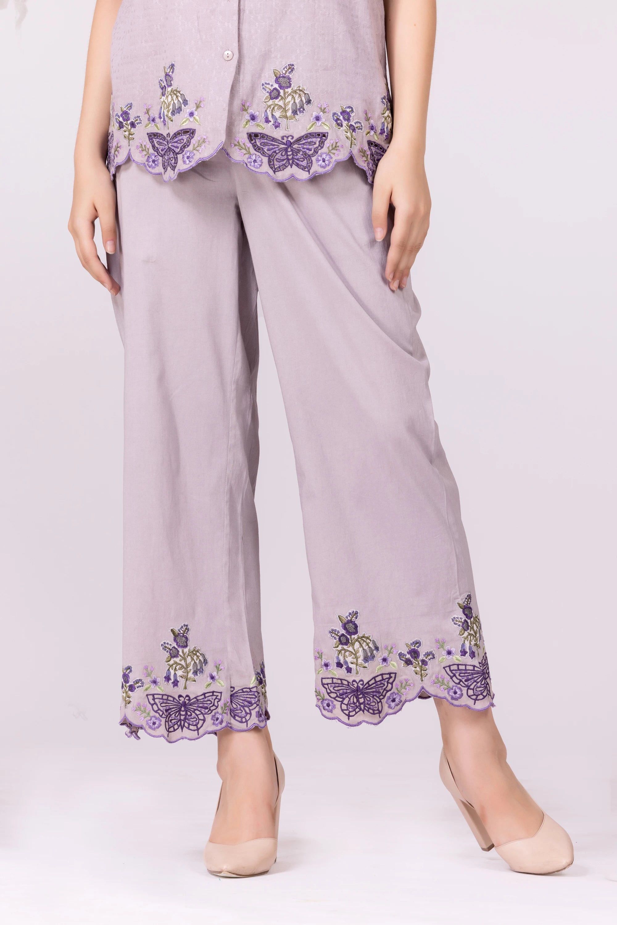 Lilac-Ash/Purple Butterfly Print & Cutwork Embroidered Top And Pant Co-Ord Set