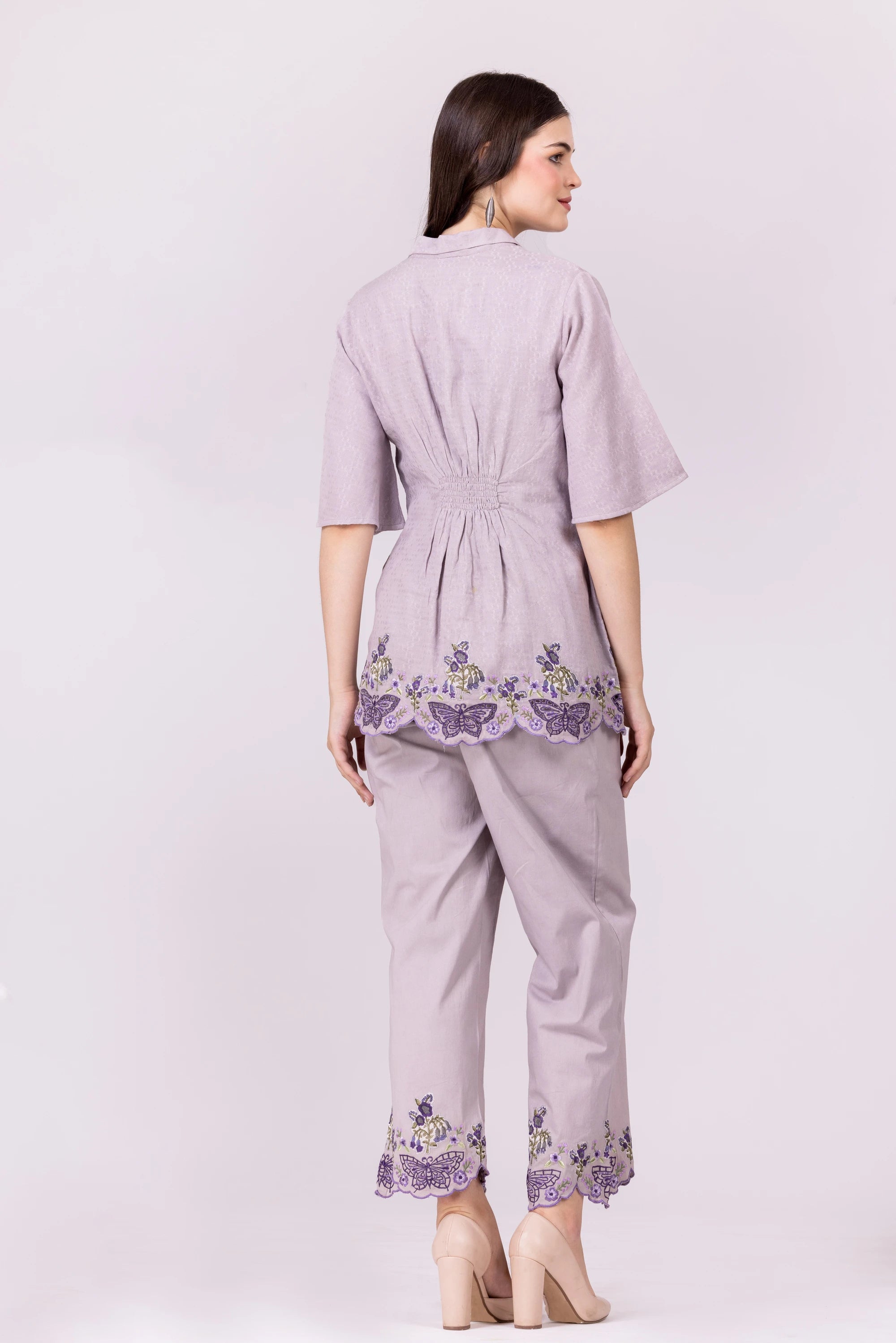 Lilac-Ash/Purple Butterfly Print & Cutwork Embroidered Top And Pant Co-Ord Set