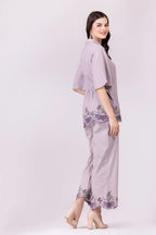 Lilac-Ash/Purple Butterfly Print & Cutwork Embroidered Top And Pant Co-Ord Set