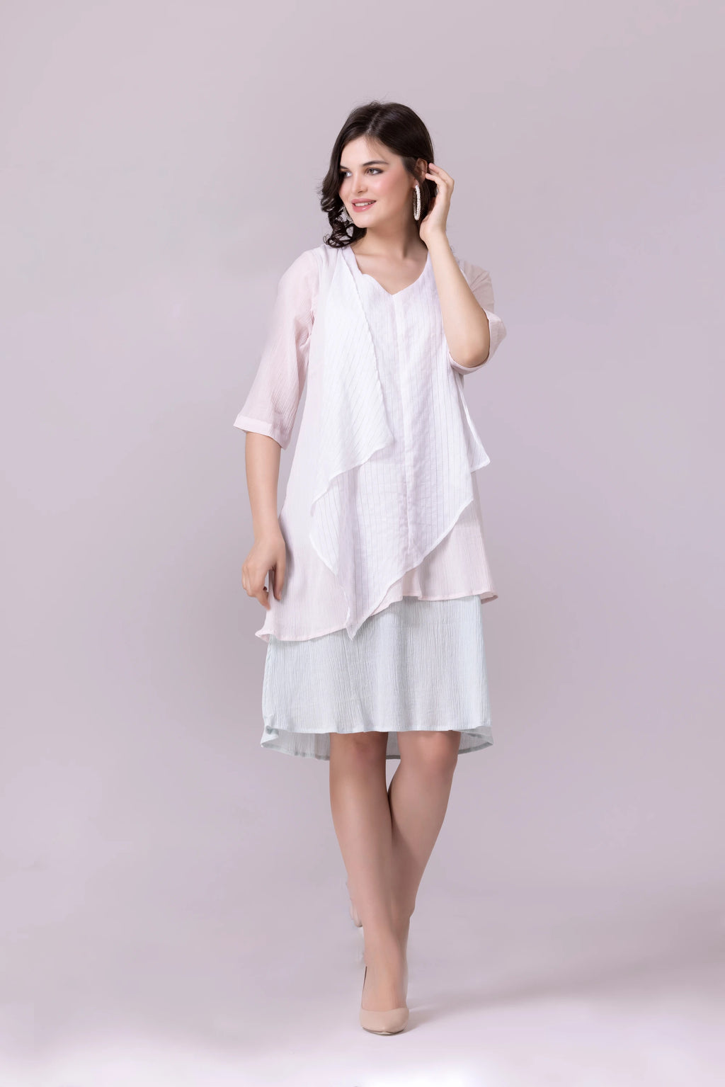 White, Chalk Pink And Pale Aquamarine Layered Dress