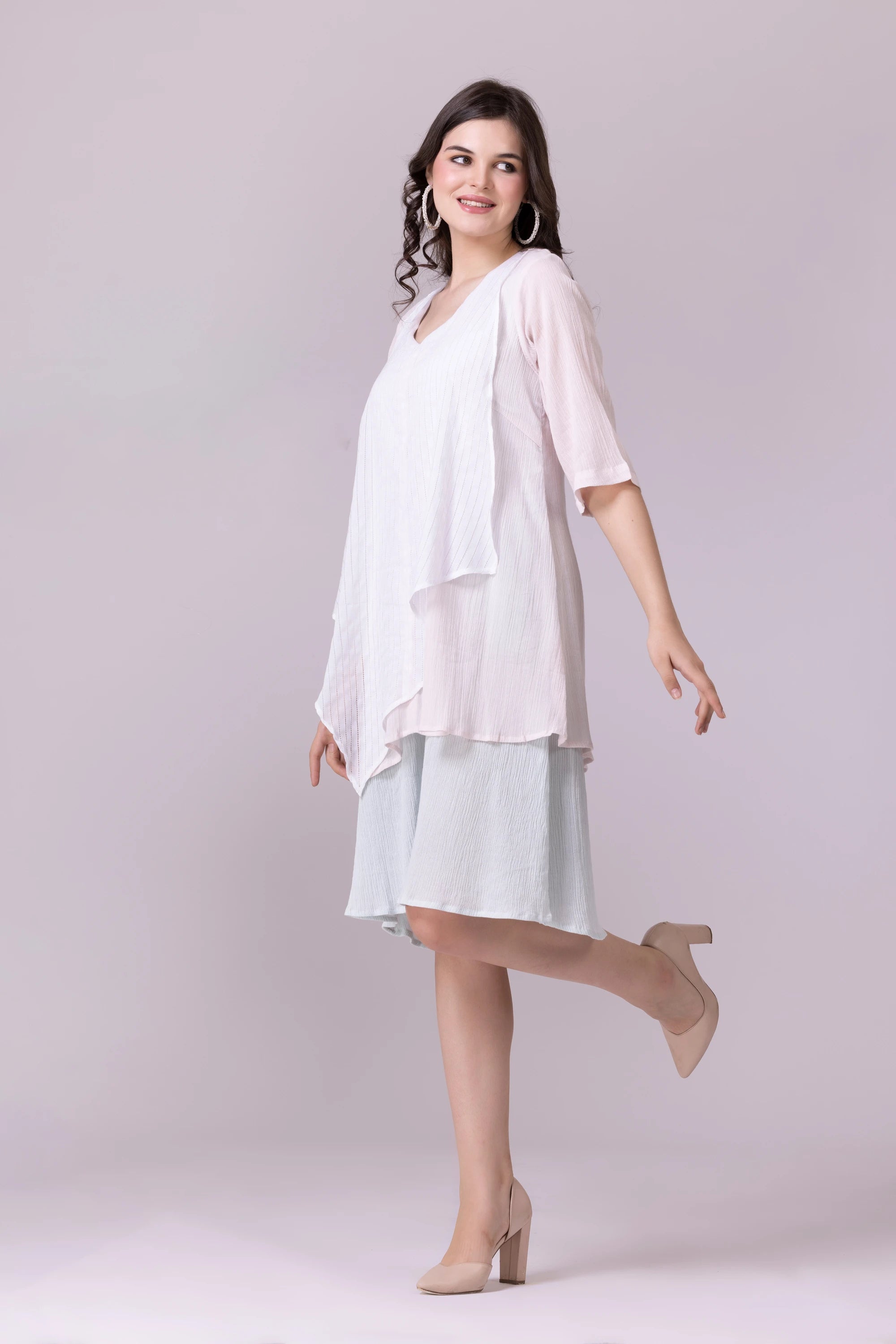 White, Chalk Pink And Pale Aquamarine Layered Dress
