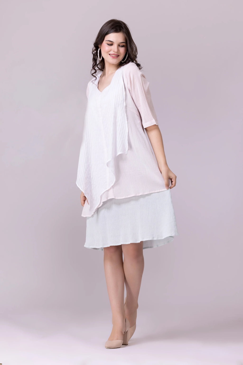 White, Chalk Pink And Pale Aquamarine Layered Dress