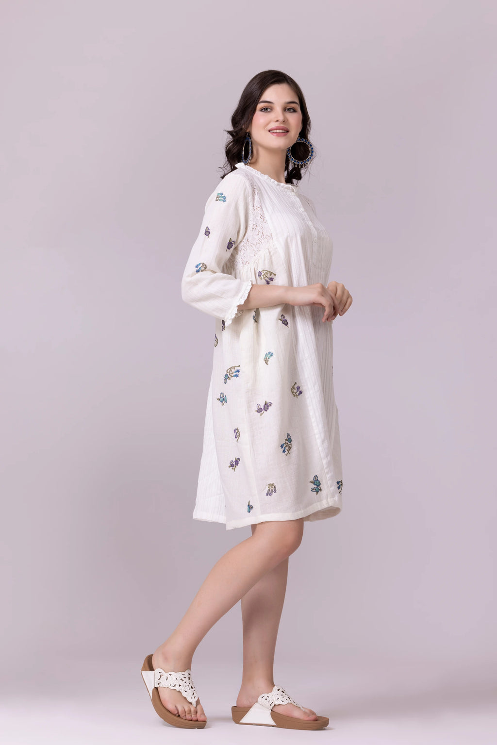 Off-White Floral Print & Lace, Embroidered Dress