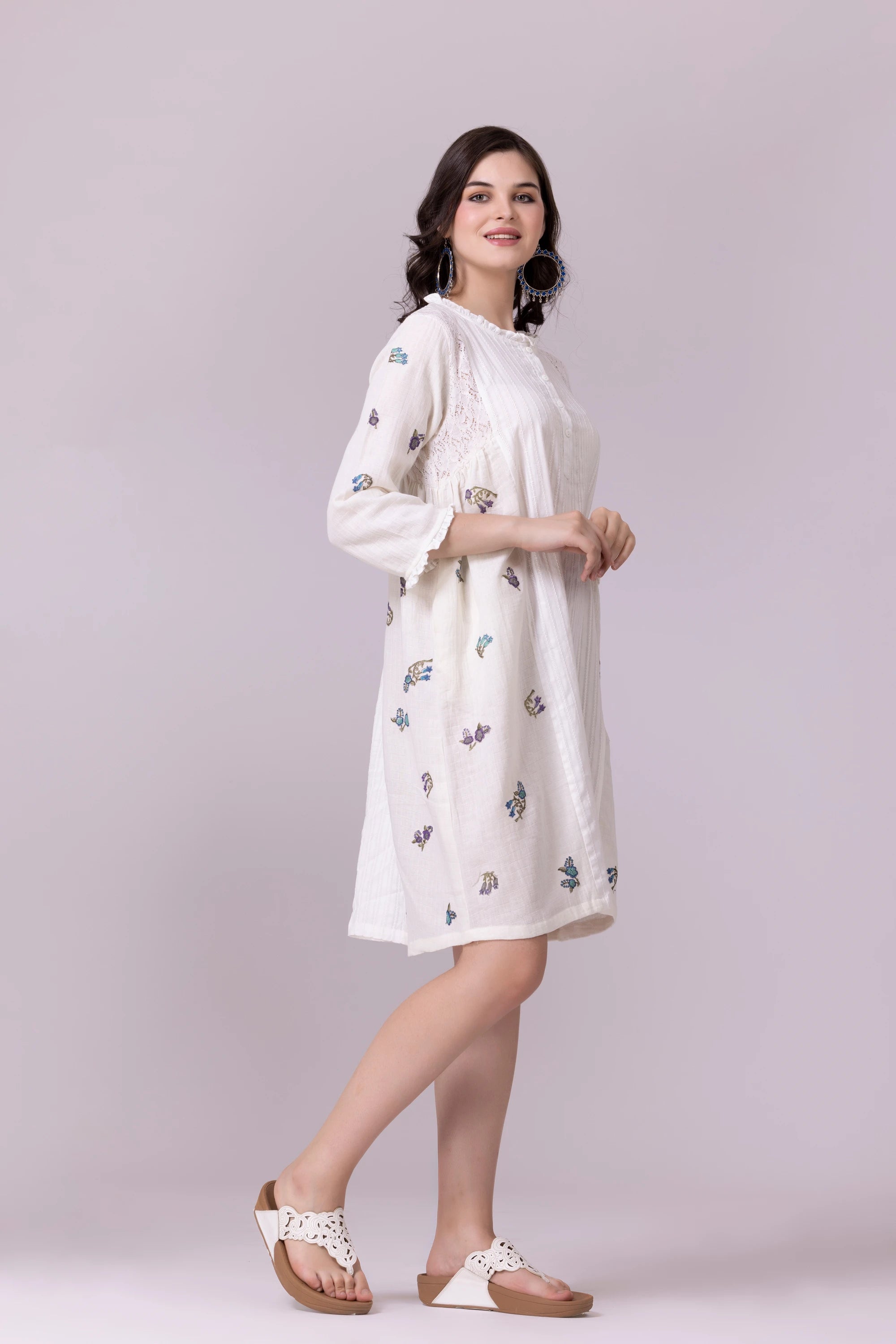 Off-White Floral Print & Lace, Embroidered Dress