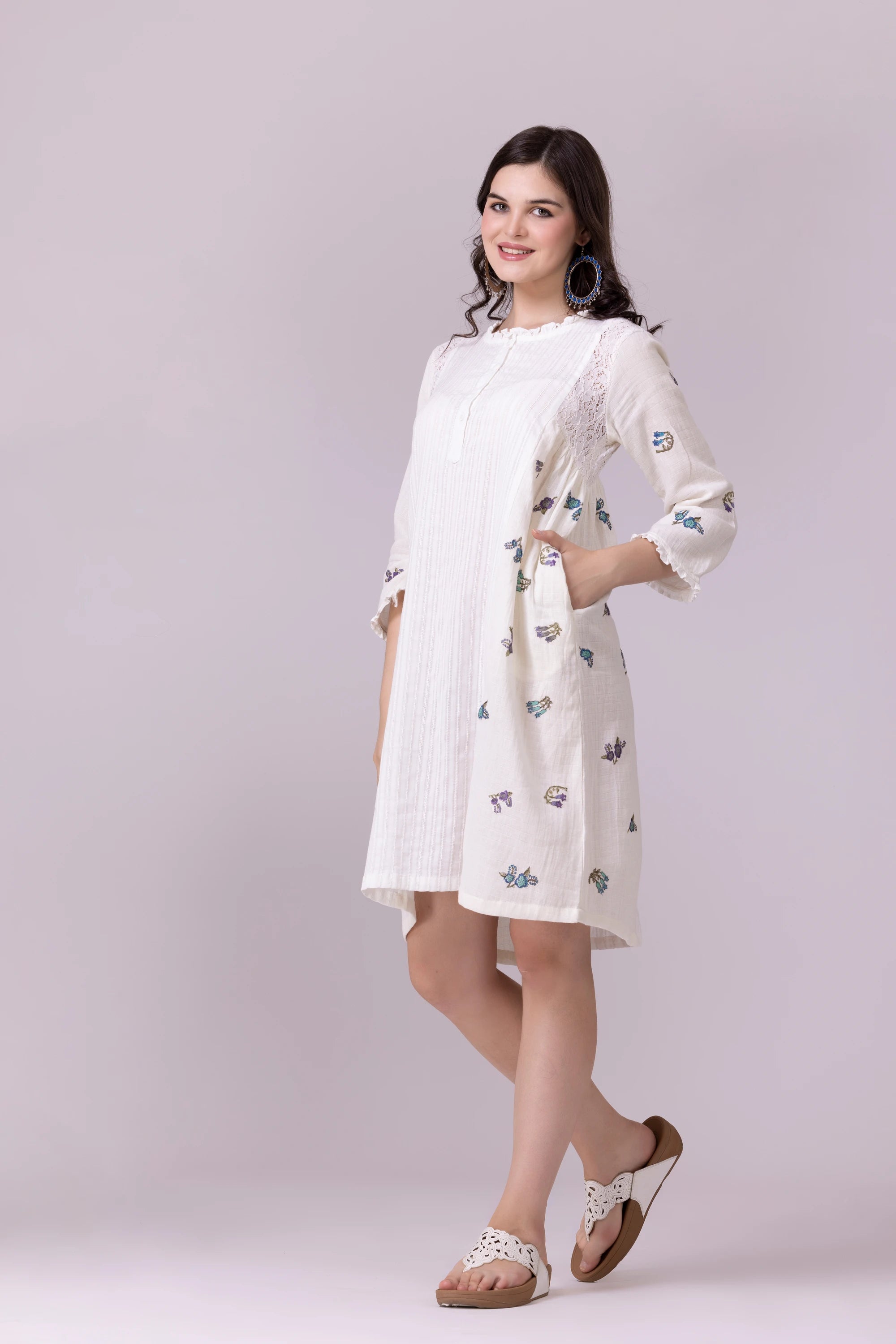 Off-White Floral Print & Lace, Embroidered Dress