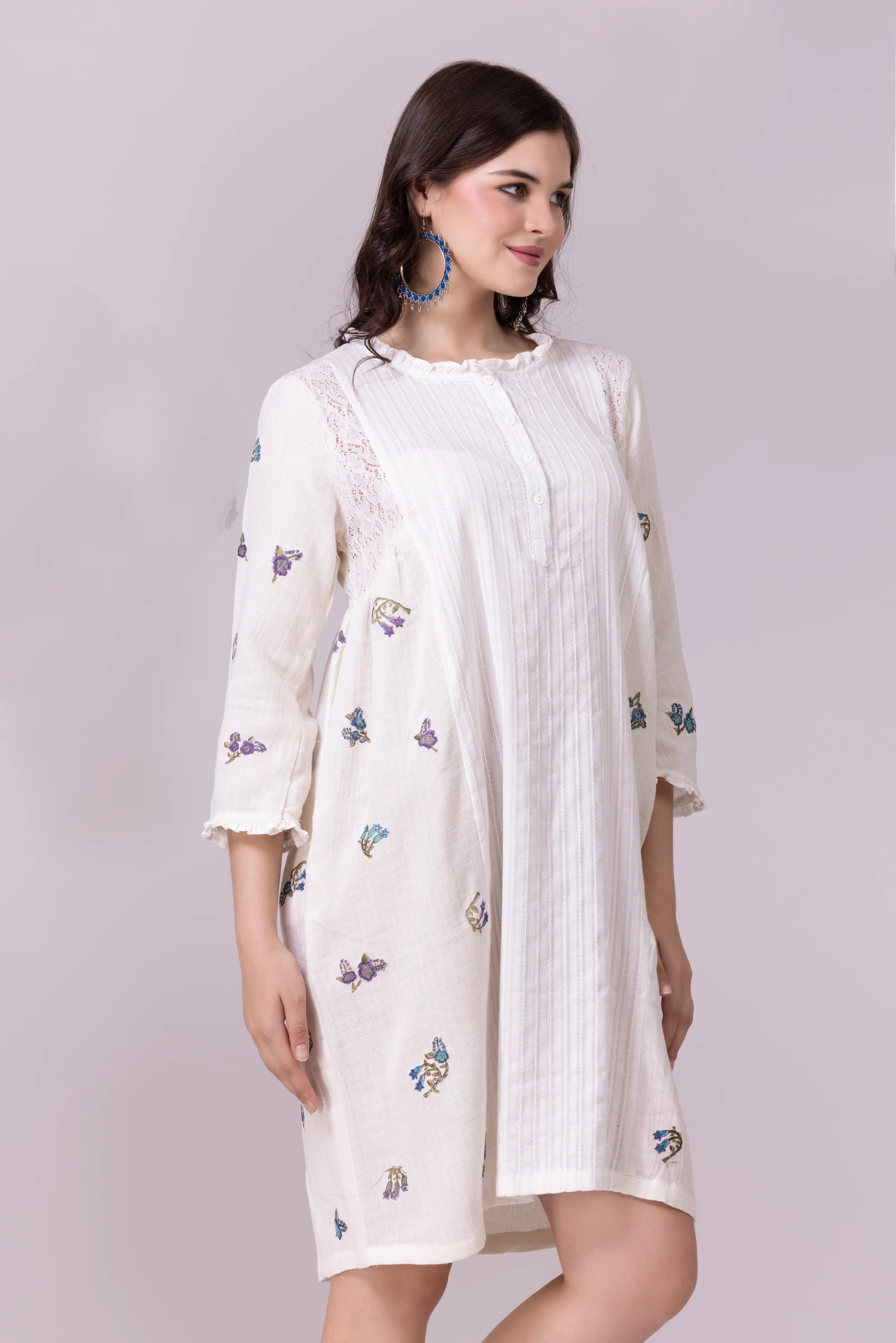Off-White Floral Print & Lace, Embroidered Dress