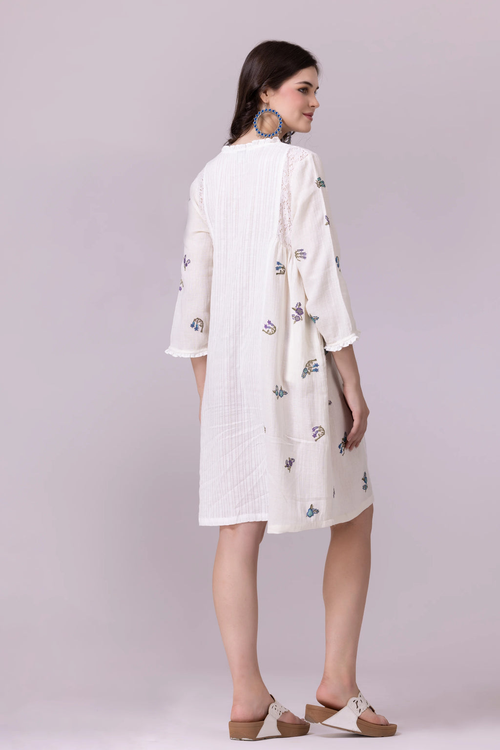 Off-White Floral Print & Lace, Embroidered Dress