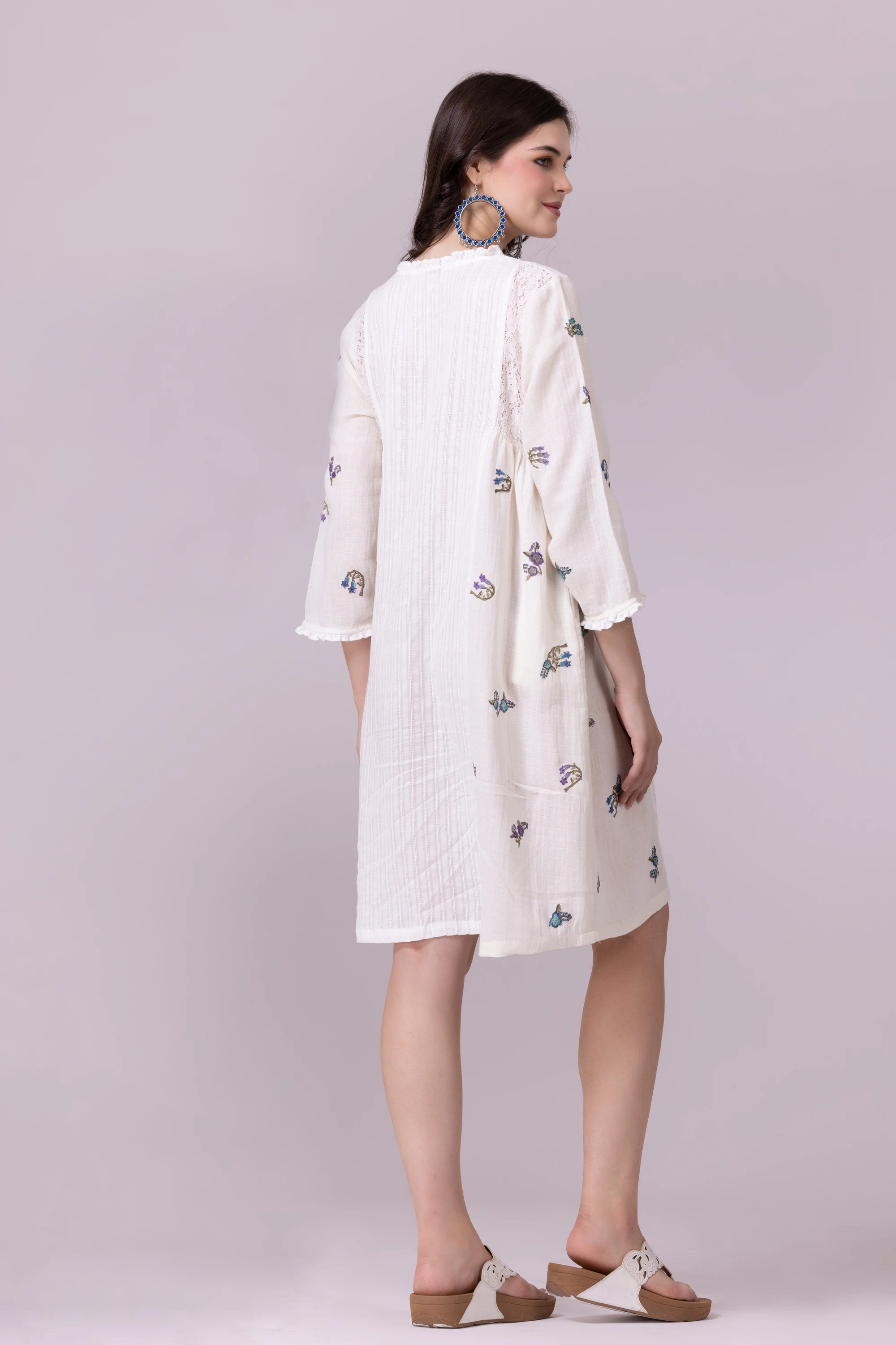 Off-White Floral Print & Lace, Embroidered Dress