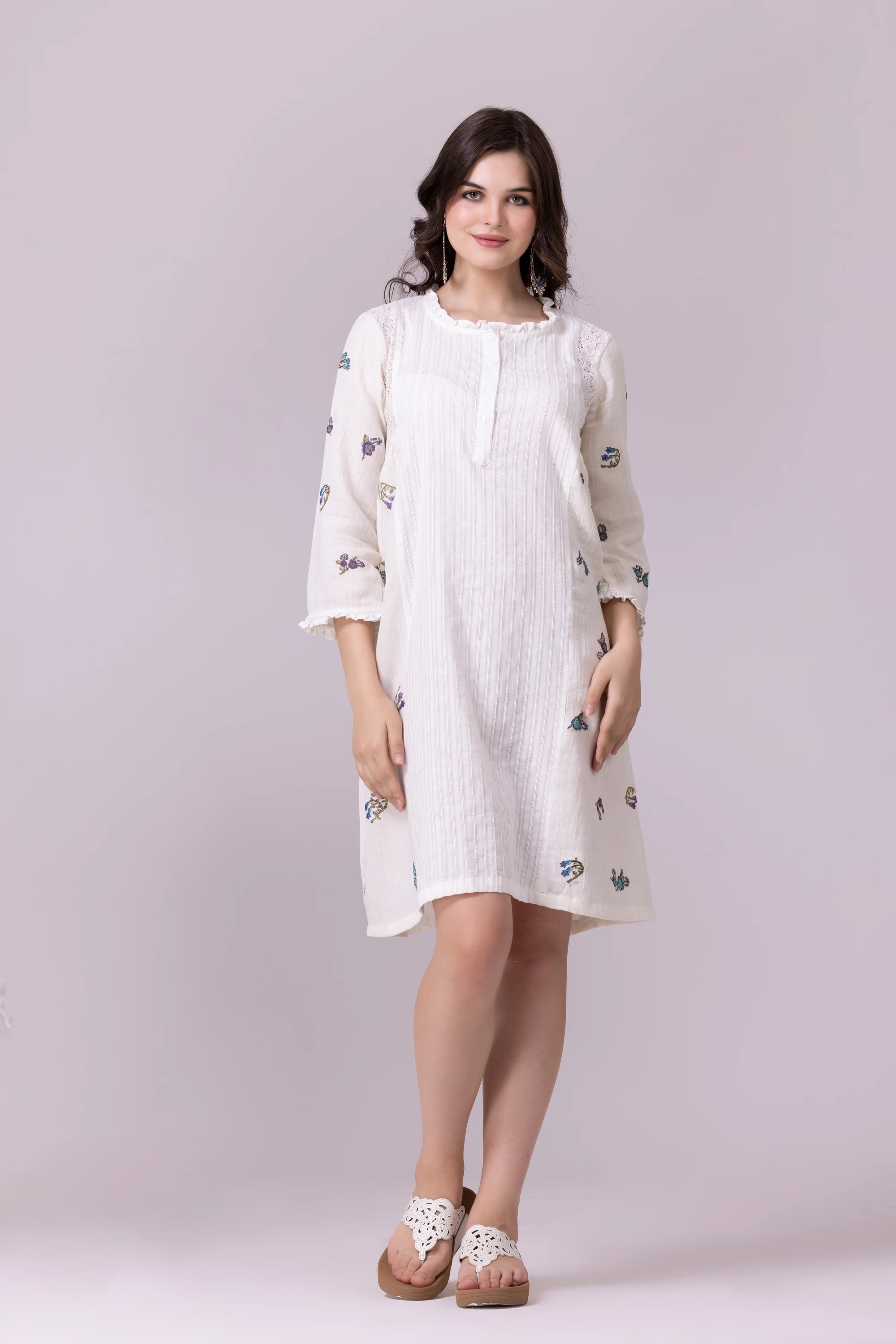 Off-White Floral Print & Lace, Embroidered Dress