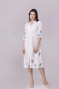 White Lotus-Flamingo Print & Embroidered Smocked Dress With Slip