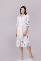 White Lotus-Flamingo Print & Embroidered Smocked Dress With Slip
